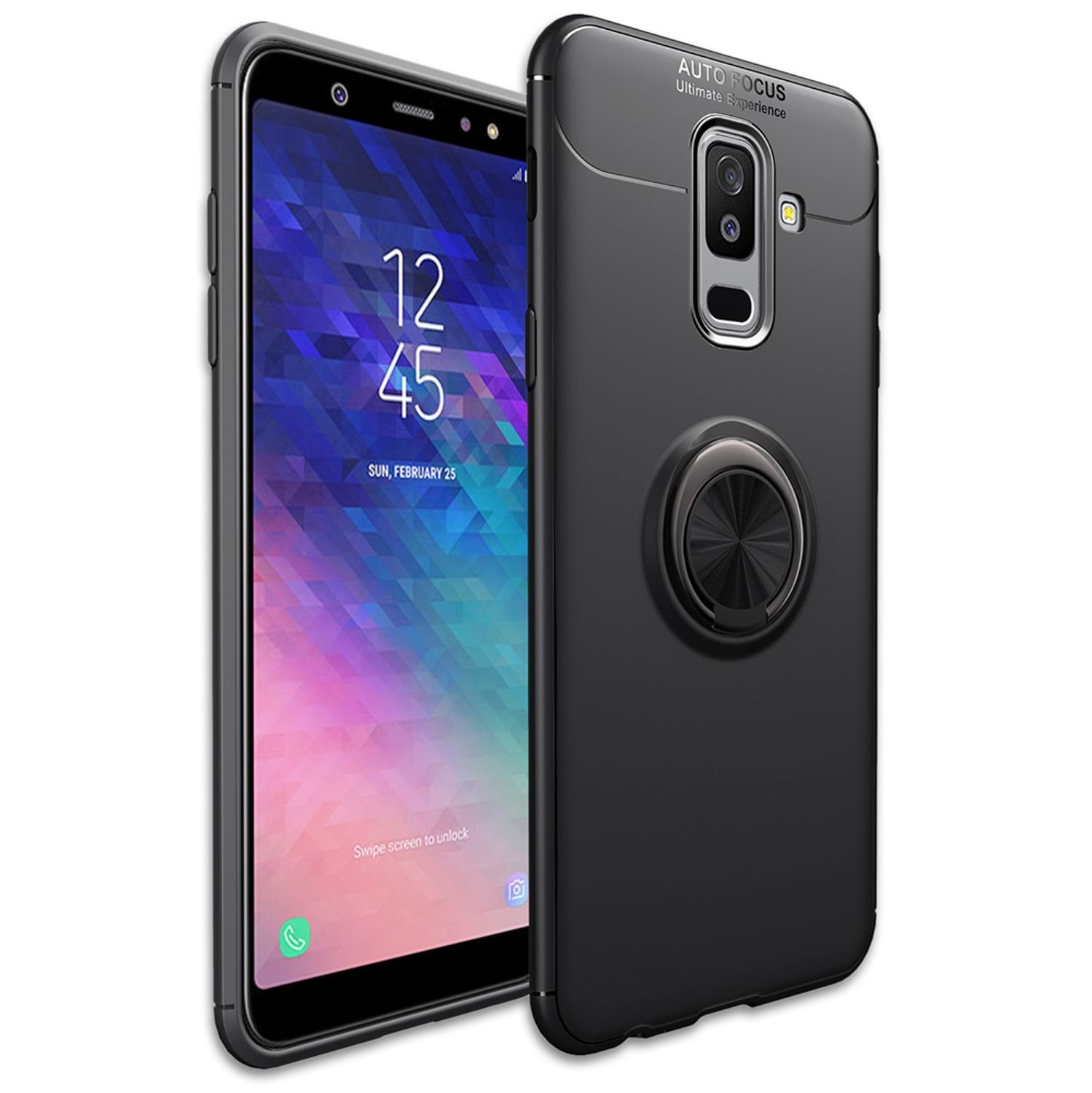 Nalia Smartphone-Hülle Samsung Galaxy A6 Plus, Matte Ring Silikon Hülle / 360 Grad Ring / Anti-Fingerabdruck / Stoßfest / Kratzfest / kompatibel mit magnetischen KFZ-Halterungen / Standfunktion / Rutschfeste Schutzhülle / Phone Case Cover Handy-Tasche Etui