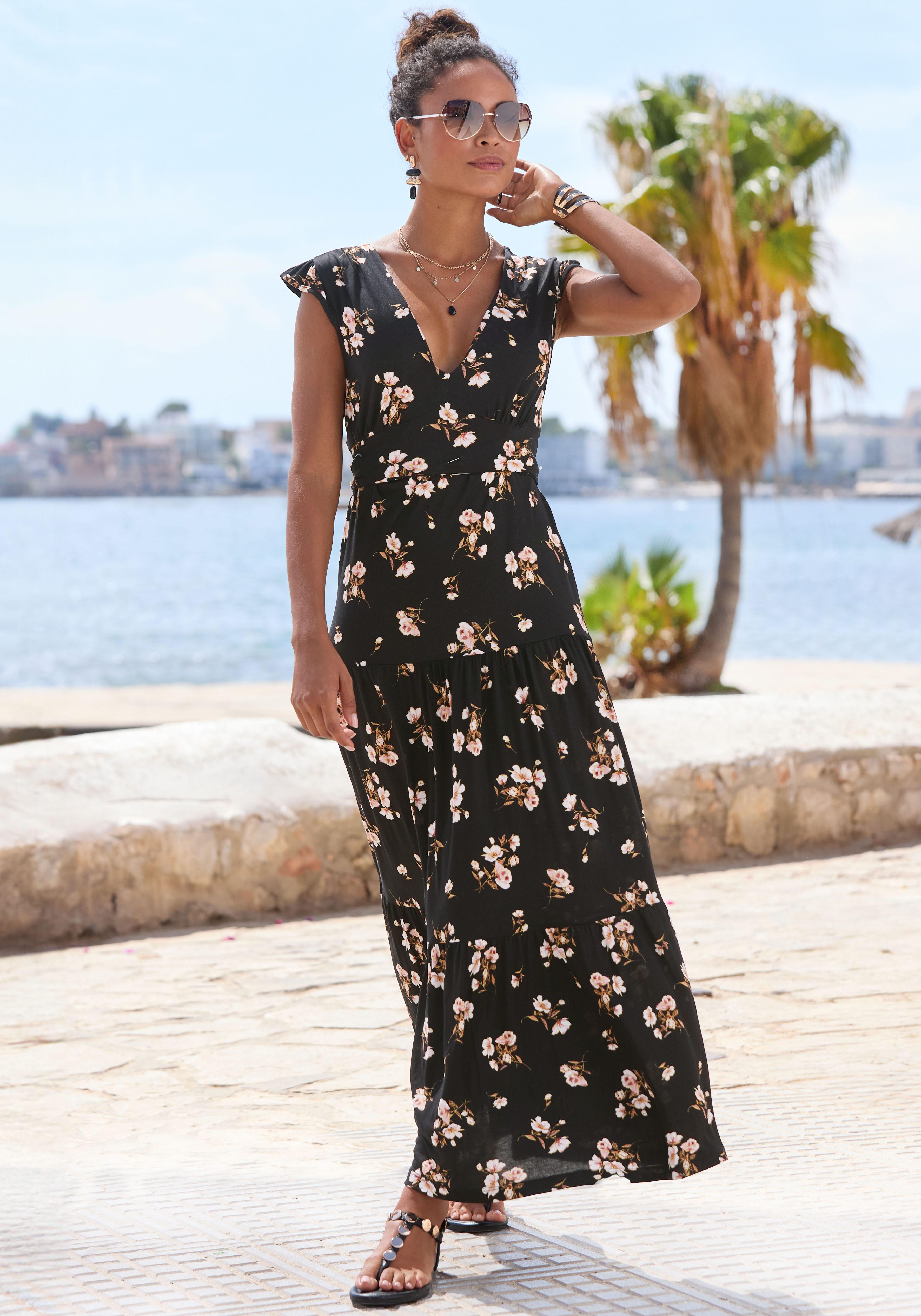 Vivance Maxikleid mit V-Ausschnitt, langes Jerseykleid mit Blumendruck