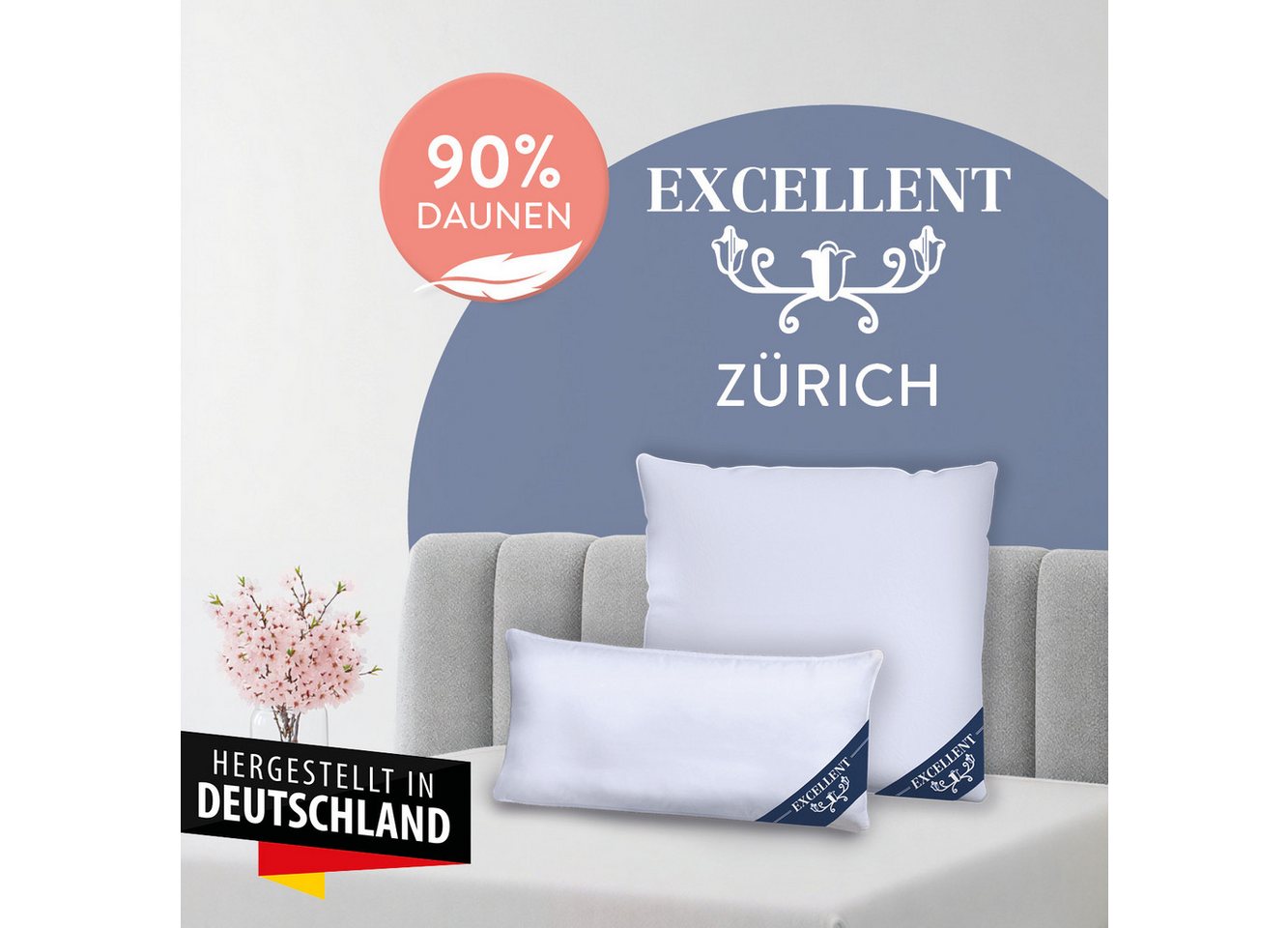 Excellent 3-Kammer-Kopfkissen Zürich, Kopfkissen in 40x80 und 80x80 und weitere Größen, Füllung: weiße neue Daunen und Federn, Klasse I, 90% Daunen / 10% Federn (Außen), weiße neue Federn, Klasse I, 100% Federn (Innen), Bezug: feiner Daunen-Batist, 100% B