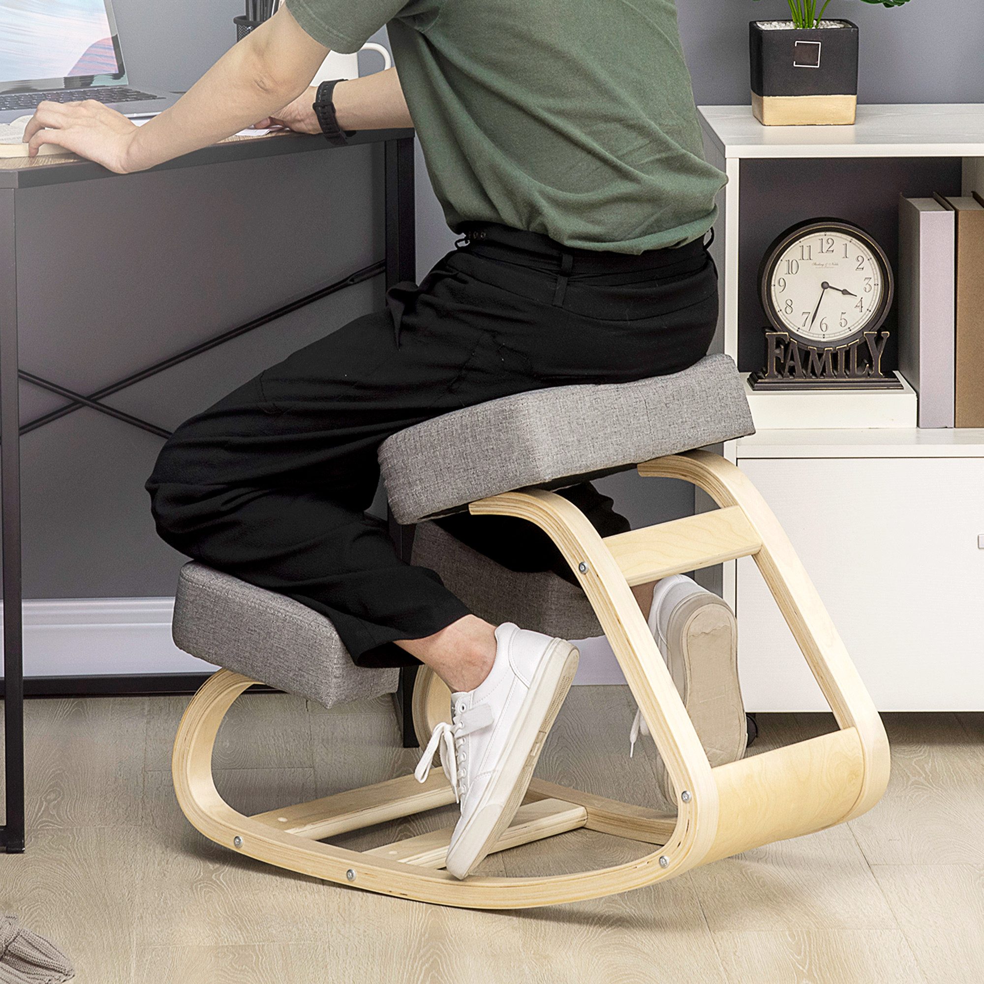 Vinsetto Stuhl Kniehocker Gesundheitsstuhl für Zuhause, Büro, Grau (Gesundheitsstuhl, 1 St), Ergonomischer Kniestuhl aus Birke, Sitzhöhe verstellbar