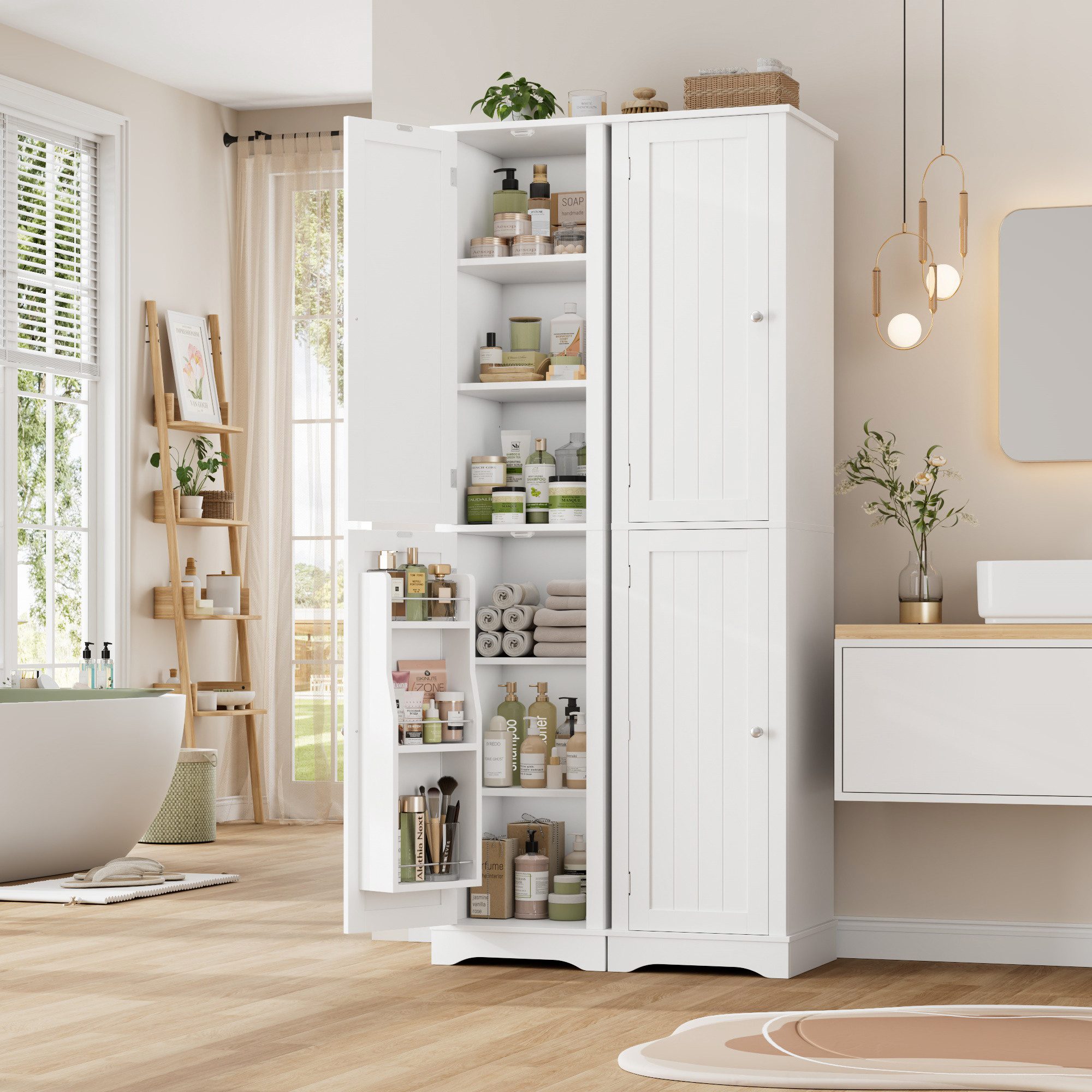 Homfa Hochschrank Badezimmerschrank Badschrank Küchenschrank mit 2 Türen und Türfächer, 40x30x180cm, Weiß