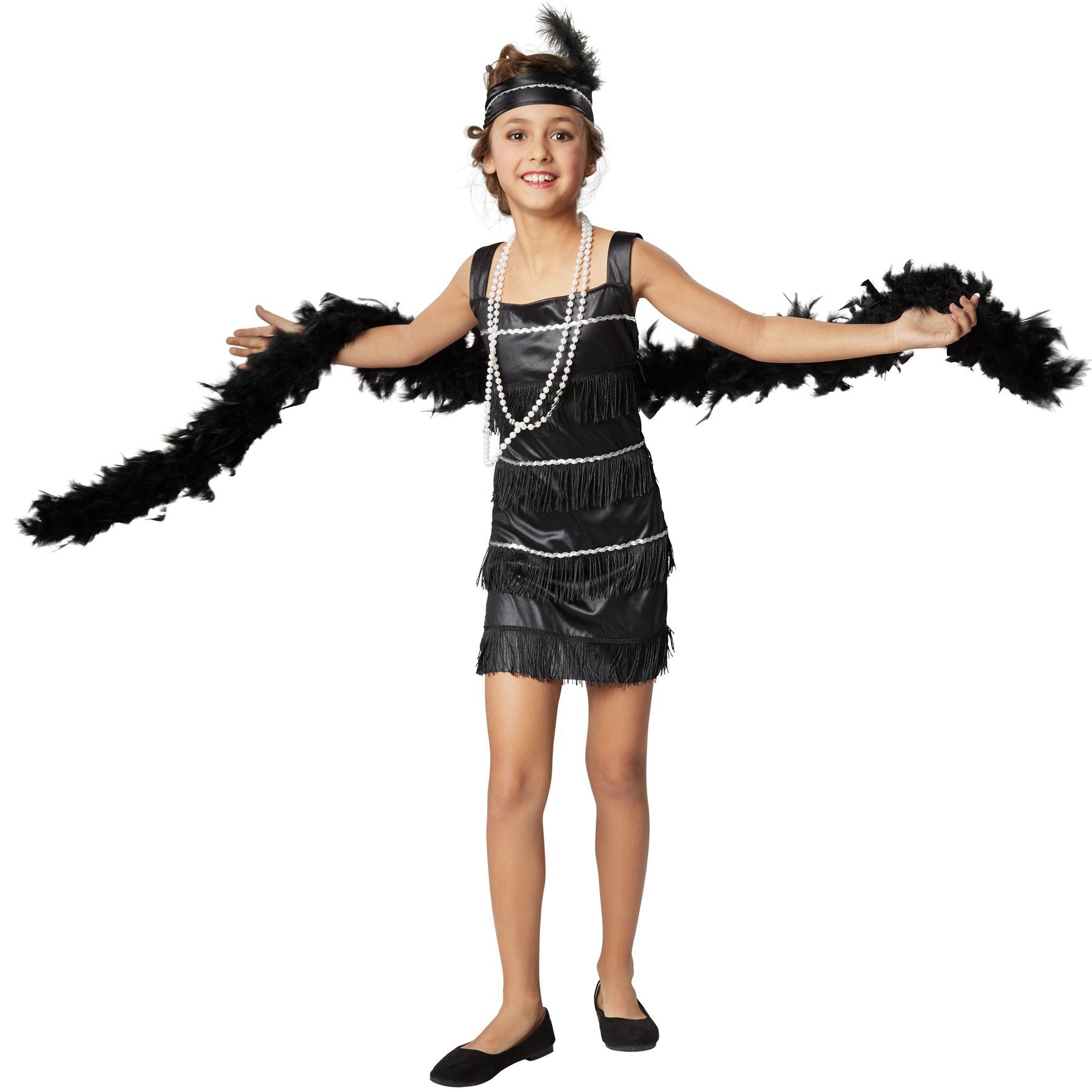 dressforfun Kostüm Musikerin/Tänzerin, in schwarz, Konfektionsgröße 140 (9-10 Jahre), Kostüm im typischen Look der 20er Jahre, Kurzes schwarzes Trägerkleid