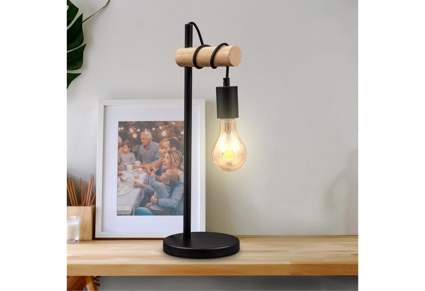 B.K.Licht Tischleuchte, Tischlampe 1 flammige Vintage Industrial Design Retro Lampe Stahl Holz Rund E27 ohne Leuchtmittel-HomeTrends