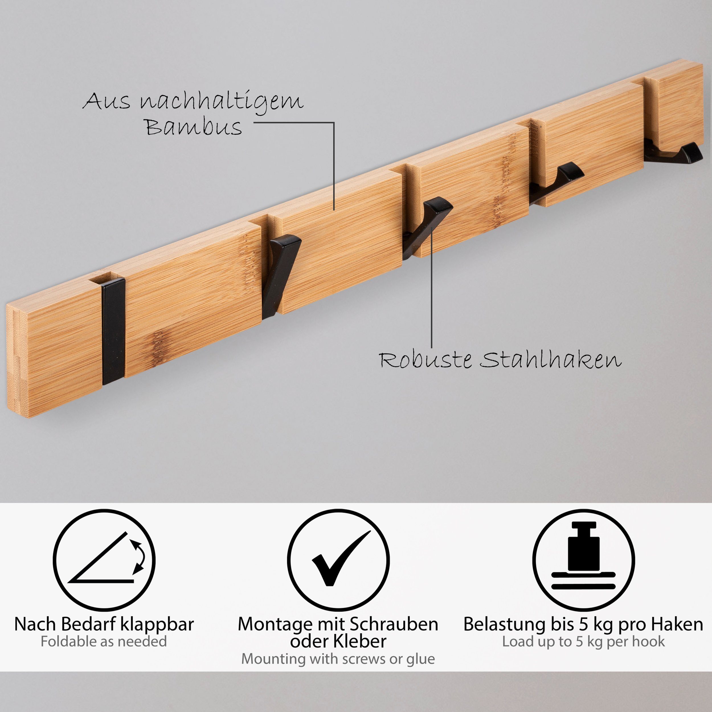 ONVAYA Garderobe Garderobenhaken, Wandgarderobe Bambus, Garderobenleiste