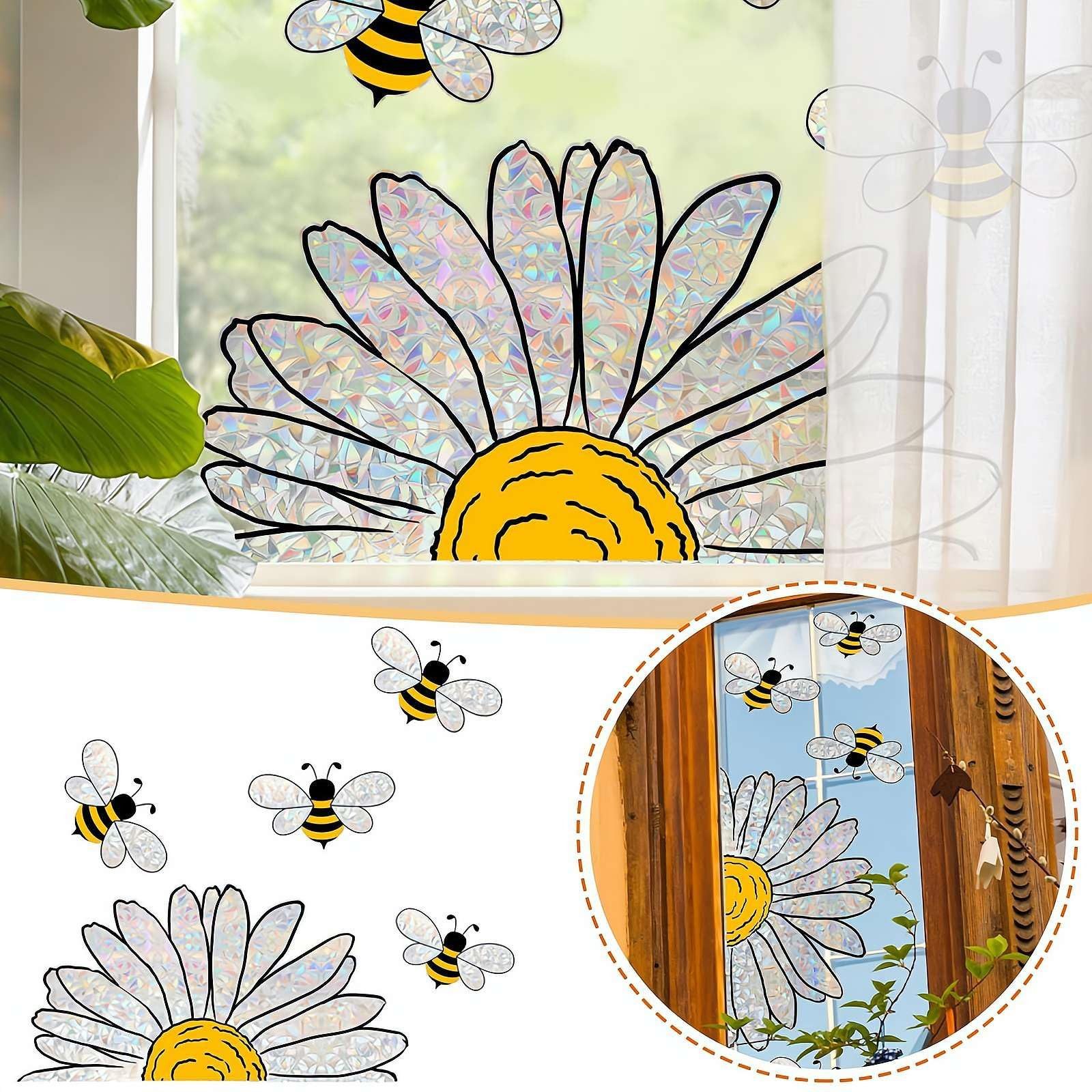 MOPUEA Fenstersticker Doppelseitige Fensteraufkleber Bienen Blumen Fensterdeko, Doppelseitig sichtbar wiederverwendbar ohne Kleber