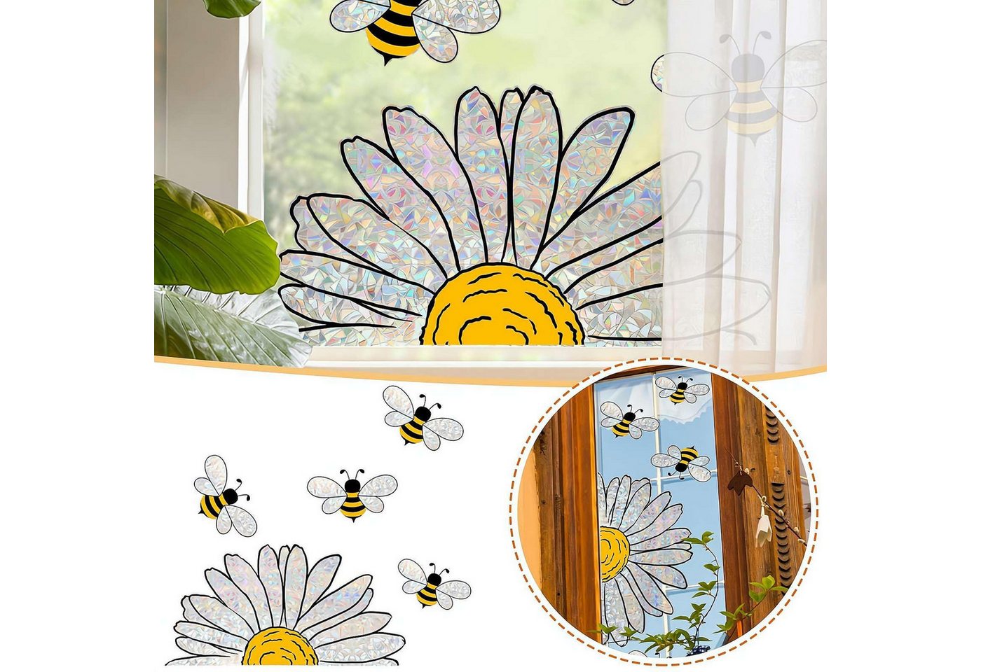 MOPUEA Fenstersticker Doppelseitige Fensteraufkleber Bienen Blumen Fensterdeko, Doppelseitig sichtbar wiederverwendbar ohne Kleber