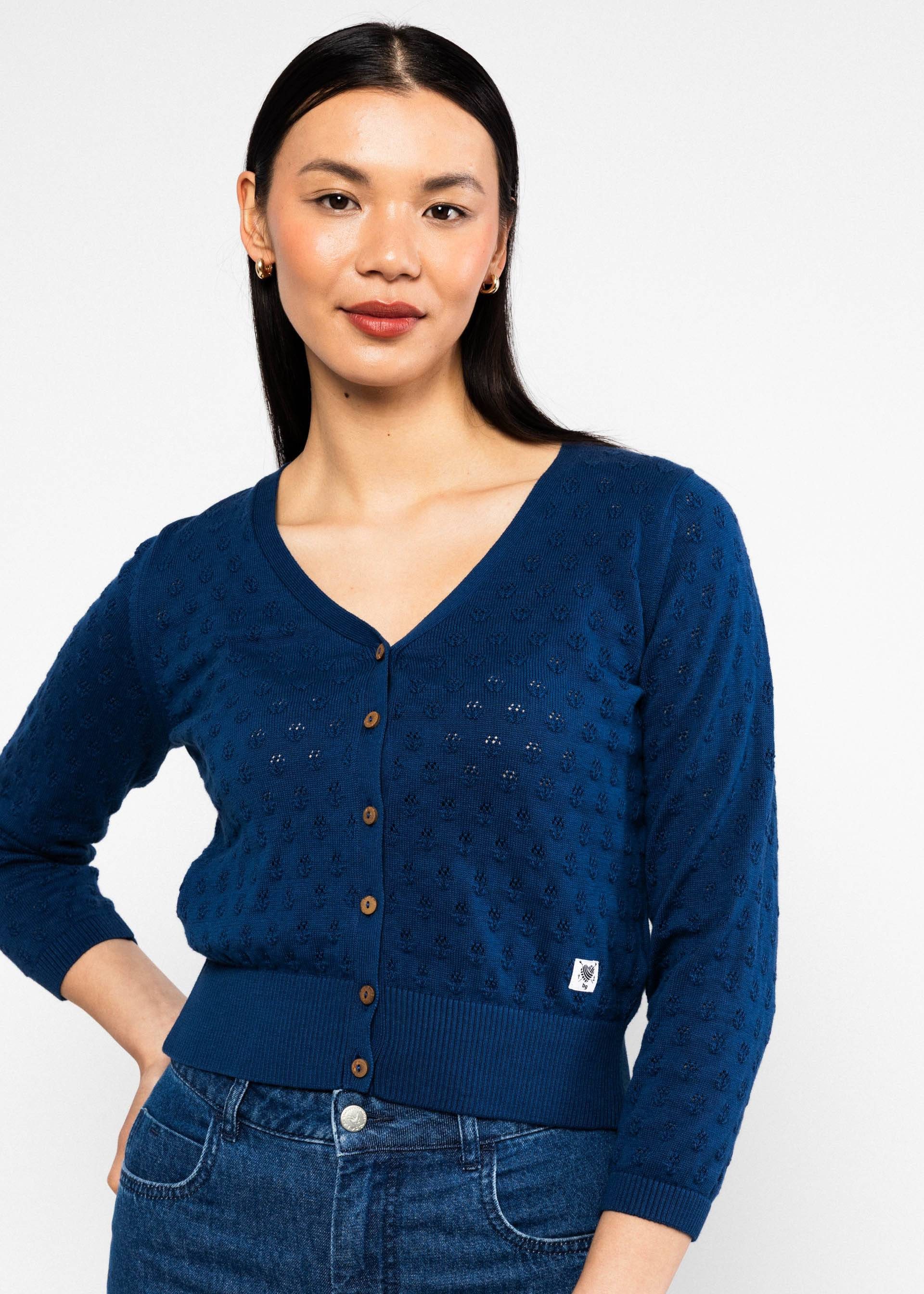 Blutsgeschwister Strickjacke - Strickcardigan Damen Baumwolle - Ajour Lochmuster - V-Ausschnitt - S