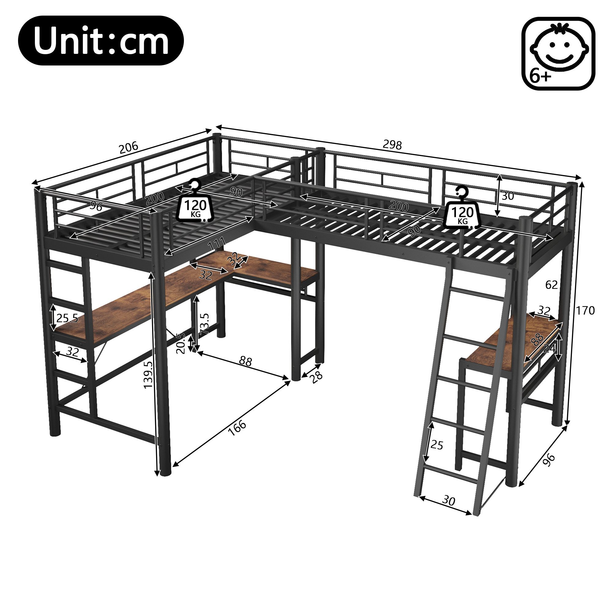 Flieks Hochbett Kinderbett Metallbett 90x200cm mit 2 Liegefläche und Schreibtisch – Bild 5 von 5