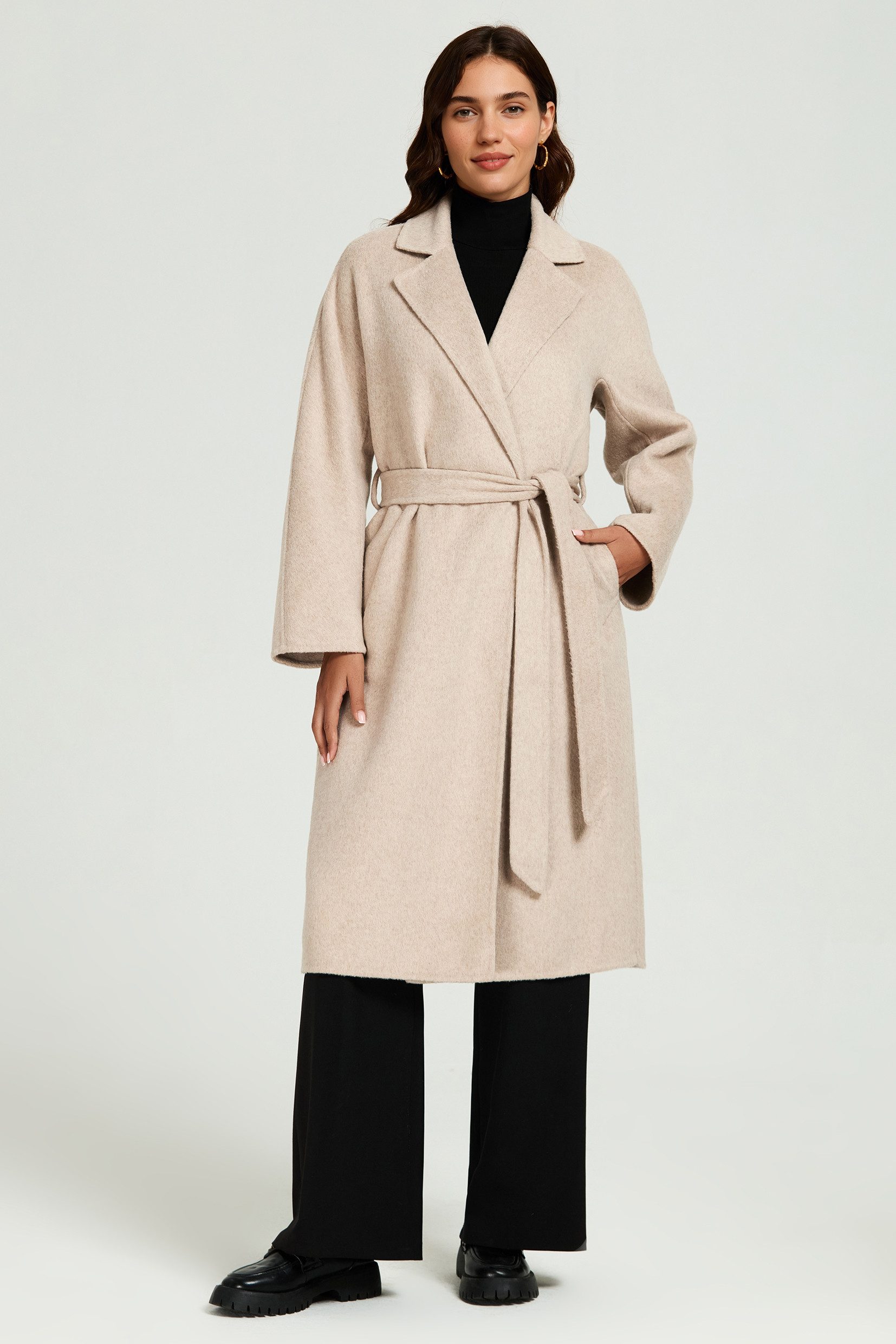 FS Collection Langmantel Damen Oversize-Mantel Langmantel aus Wollgemisch Beige S-XL Bindegürtel, Seitentaschen, handgefertigt, ungefüttert