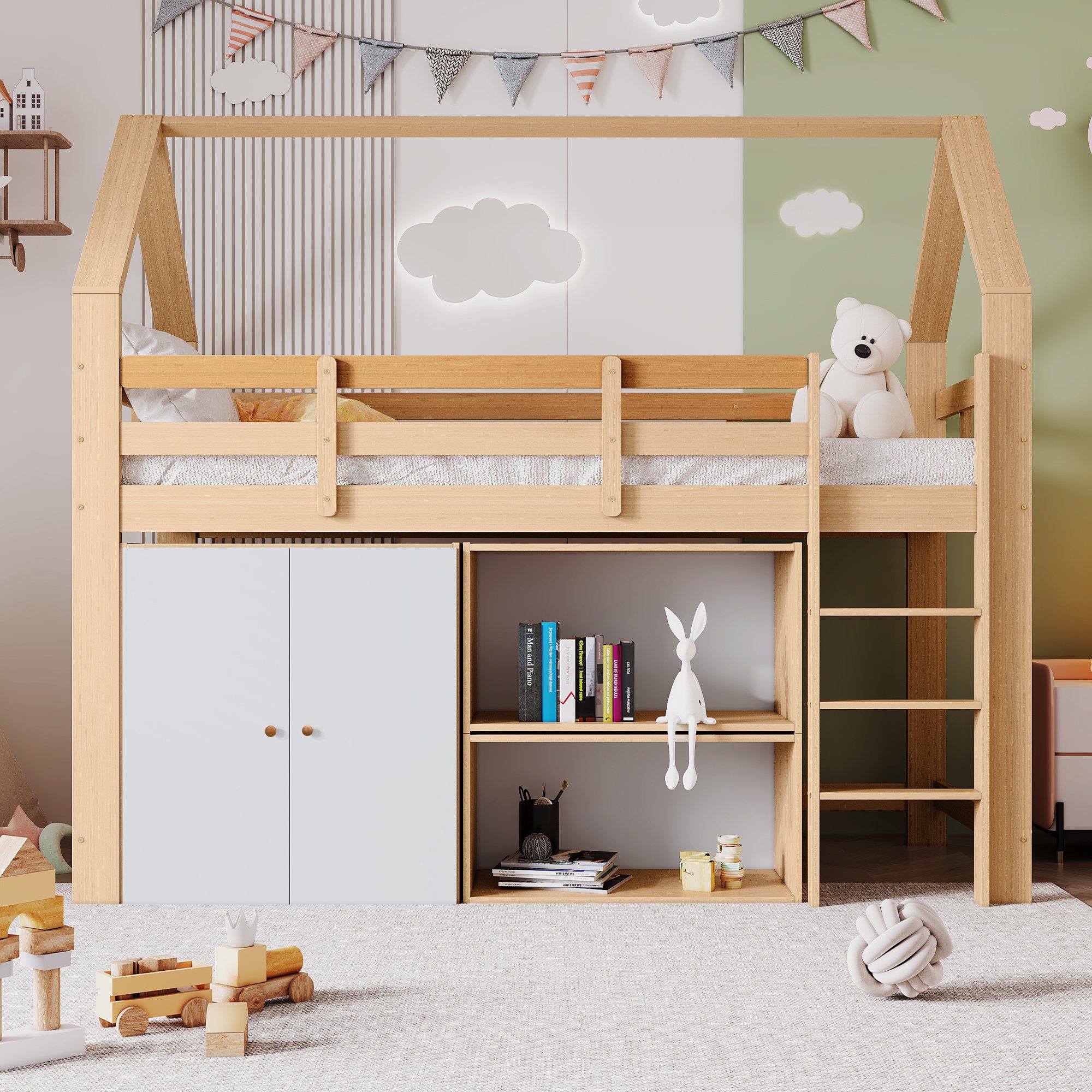 Hausbett SOFTWEARY inkl. Hochbett mit Lattenrost Einzelbett, Kiefer (90x200 cm) Kinderbett Rausfallschutz,