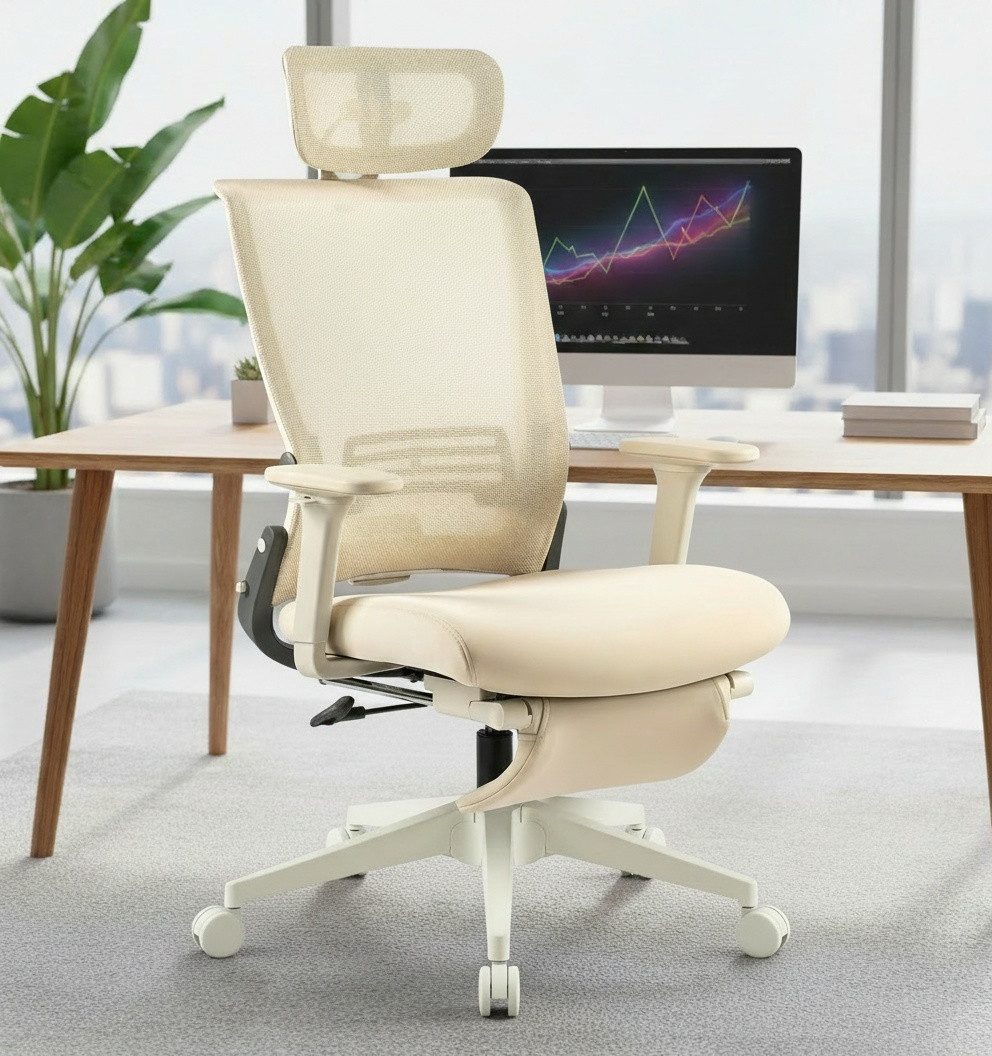 Leawin Bürostuhl Ergonomischer Drehstuhl mit Kopfstütze, Netzrücken & 3D-Armlehnen