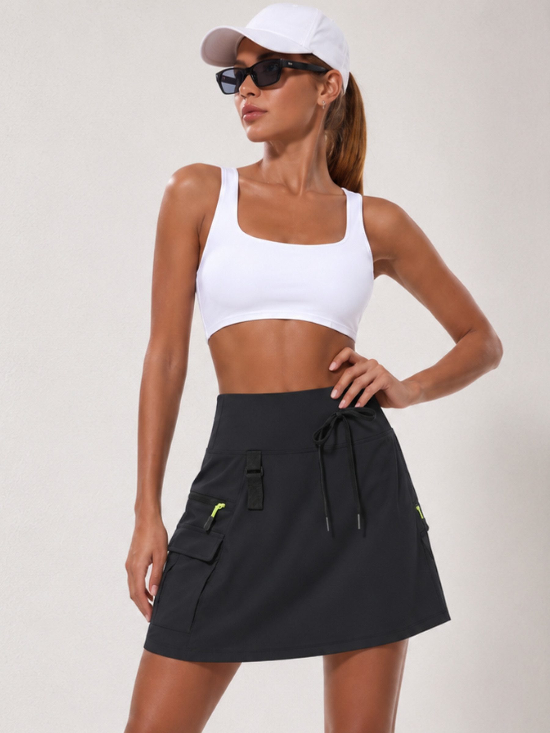FemmeTone Minirock Damen Cargorock sportlich mit Taschen, kurzer Sommerrock mit Kordelzug Outdoorrock mit Reißverschlusstaschen, Freizeitrock elastischer Bund – Bild 5 von 5