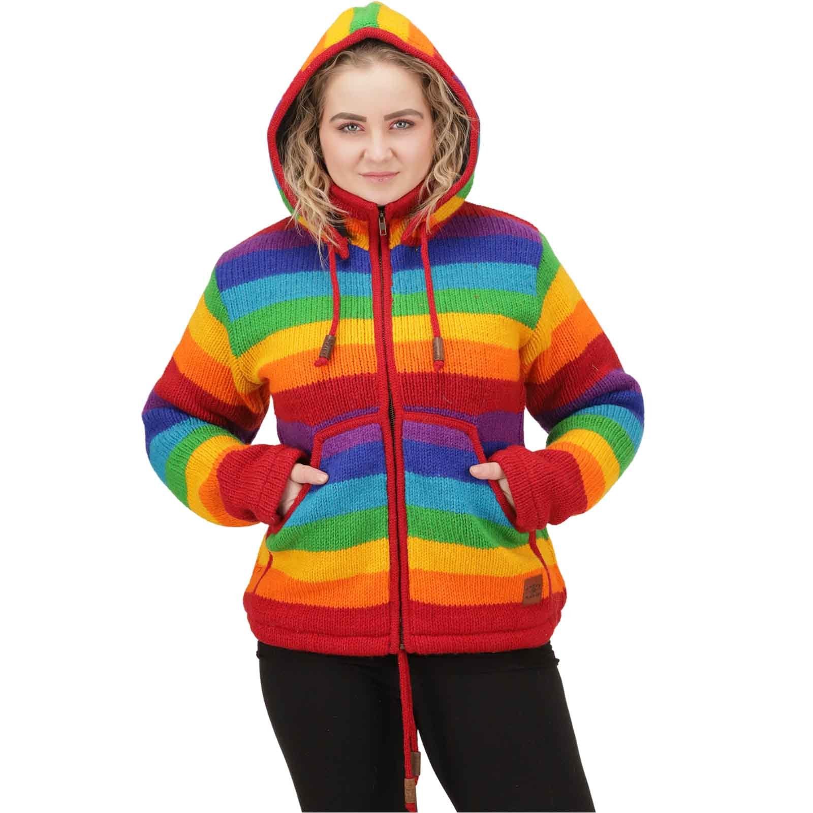 Kapuzenstrickjacke Damen Regenbogen Strickjacke Wolle +Fleecefutter&abnehmbarer Kapuze