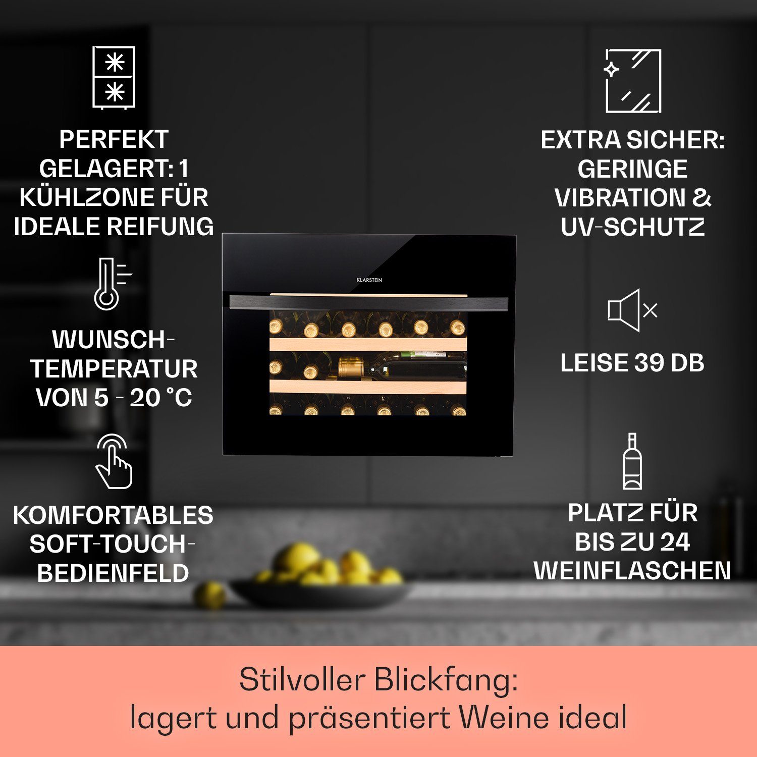 Klarstein Weinkühlschrank Vinsider 24 Built-In Uno Einbau-Weinkühlschrank 24 Flaschen 57L 5-22°C, für 24 Standardflaschen á 0,75l,Wein Flaschenkühlschrank Weintemperierschrank Weinschrank Kühlschrank