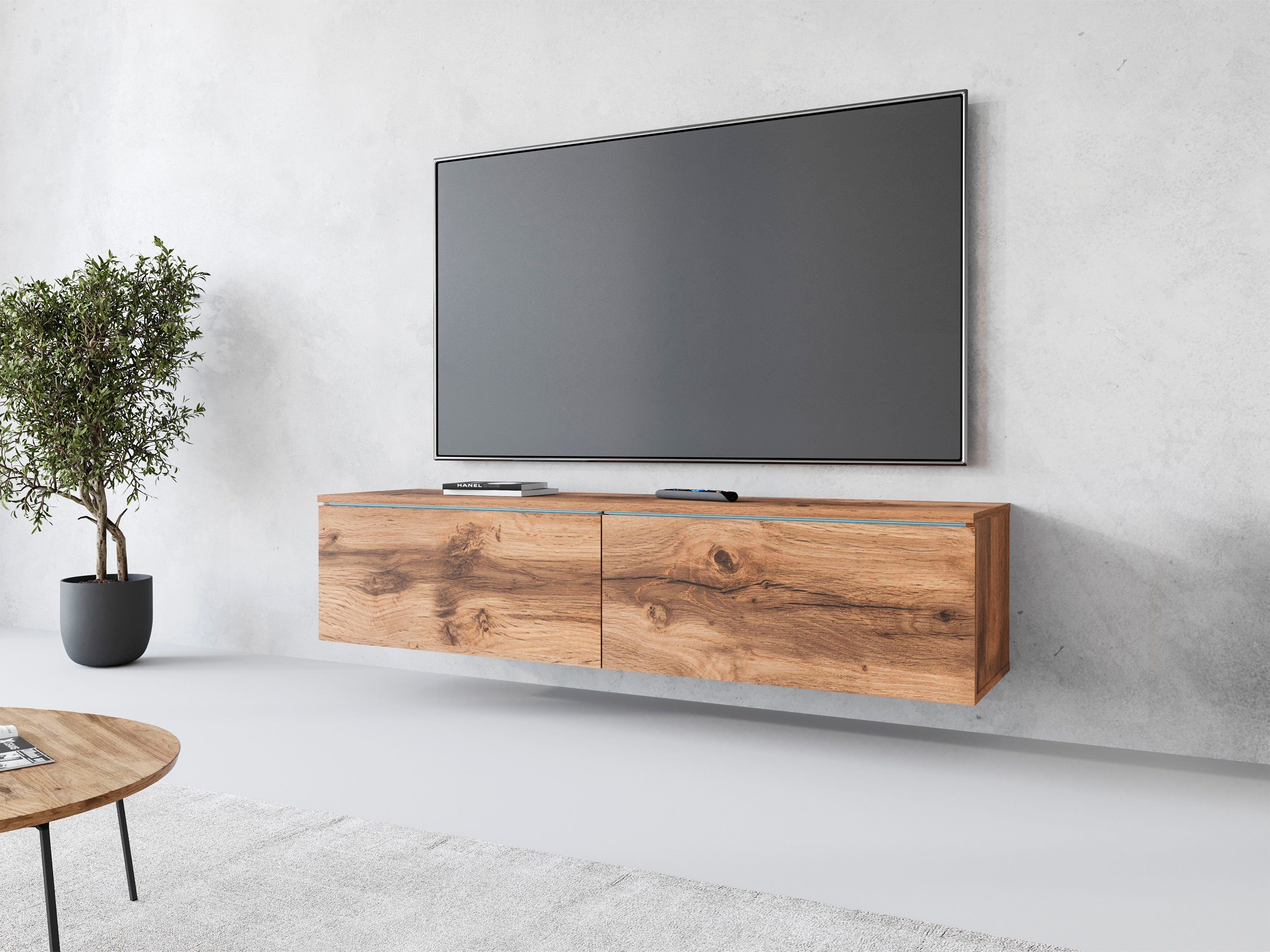 INOSIGN Lowboard LOWBOARD D, wahlweise mit oder ohne Beleuchtung, modernes TV-Board ohne Griffe, mit viel Stauraum,stehend und hängend