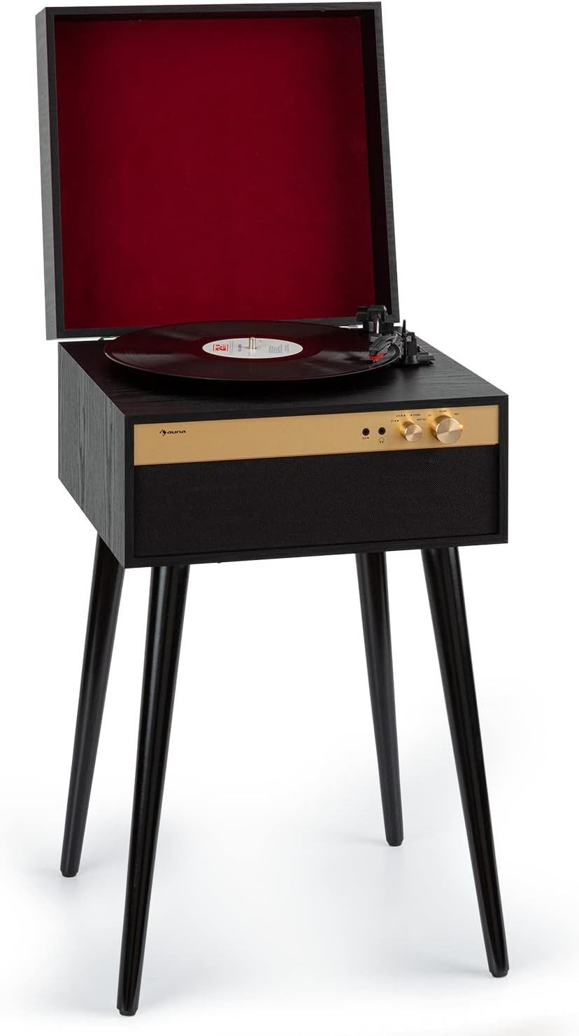Auna Retro-Schallplattenspieler mit Bluetooth Transmitter & Receiver Plattenspieler (Riemenantrieb 33,3 45 & 78 U/min Stereo)