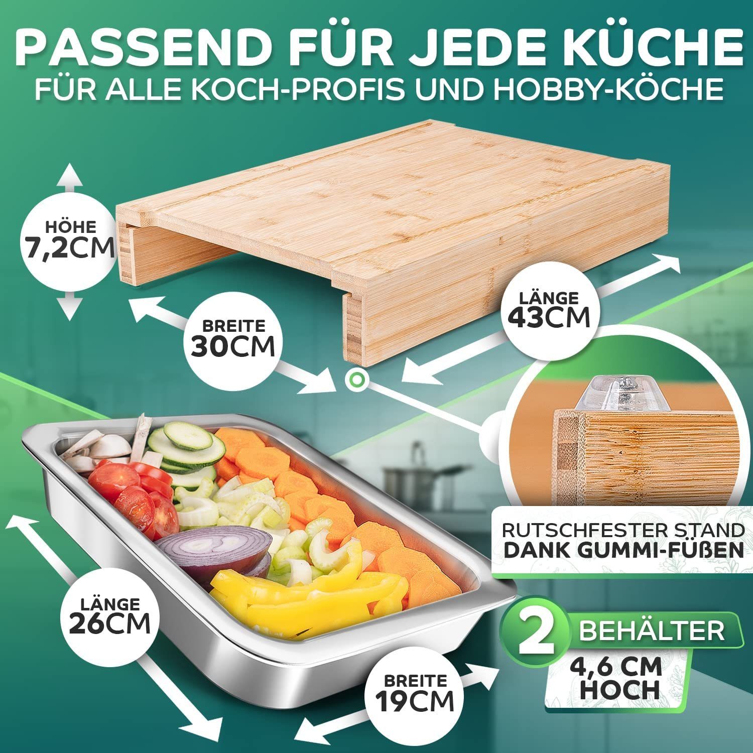 Loco Bird Schneidebrett mit Auffangschalen - 43x30x7cm groß -, Bambus, (Küchenbrett aus Bambus, 1-St., mit 2 Schalen aus Edelstahl), Ideales Küchenhelfer Gadget – Bild 4 von 5
