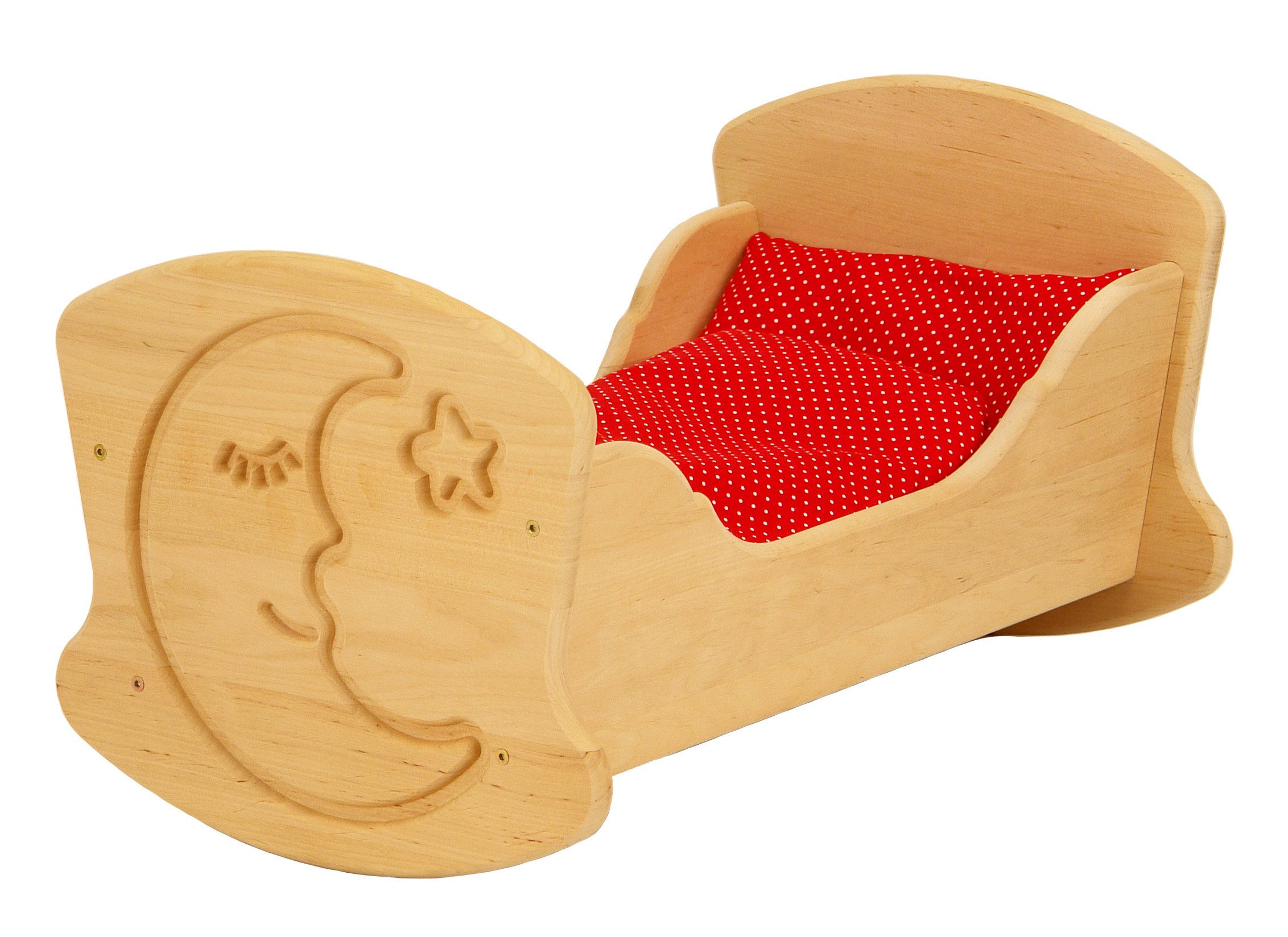 ERST-HOLZ Puppenwiege Puppenwiege aus Holz Puppenbett Drewart Holzspielzeug Erle Massivholz, 933-3015 - Puppenwiege Mondgravur Erle geölt - Bettzeug rot-getupft