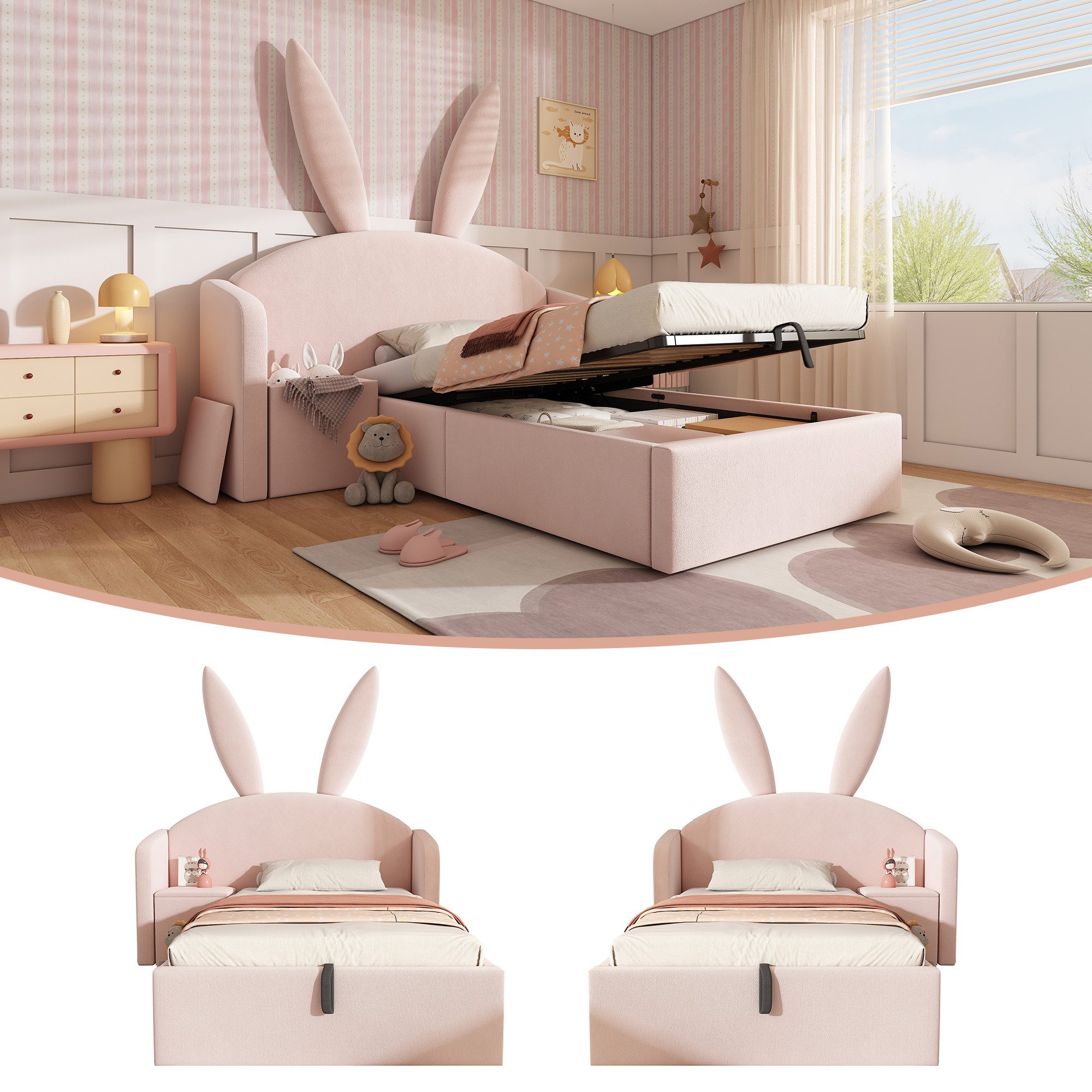REDOM Polsterbett Samt-Kinderbett mit weichem Kopfteil (Packung, Rosa, 90x200 cm, ohne Matratze), Stauraum & Nachttisch integriert