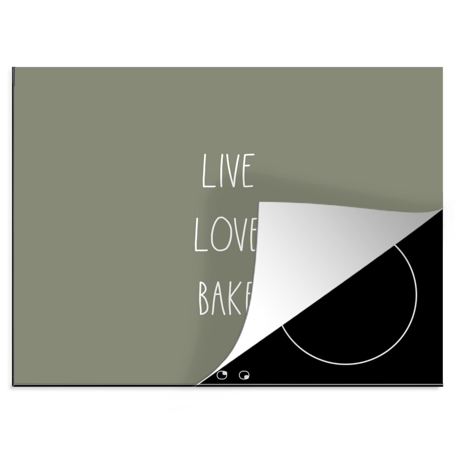 Küche 60x52 cm, Liebe - - Mobile Sprichwörter Ceranfeldabdeckung - Vinyl, Backen Backen, Leben - (1 Zitate Herdblende-/Abdeckplatte nutzbar, tlg), Arbeitsfläche MuchoWow