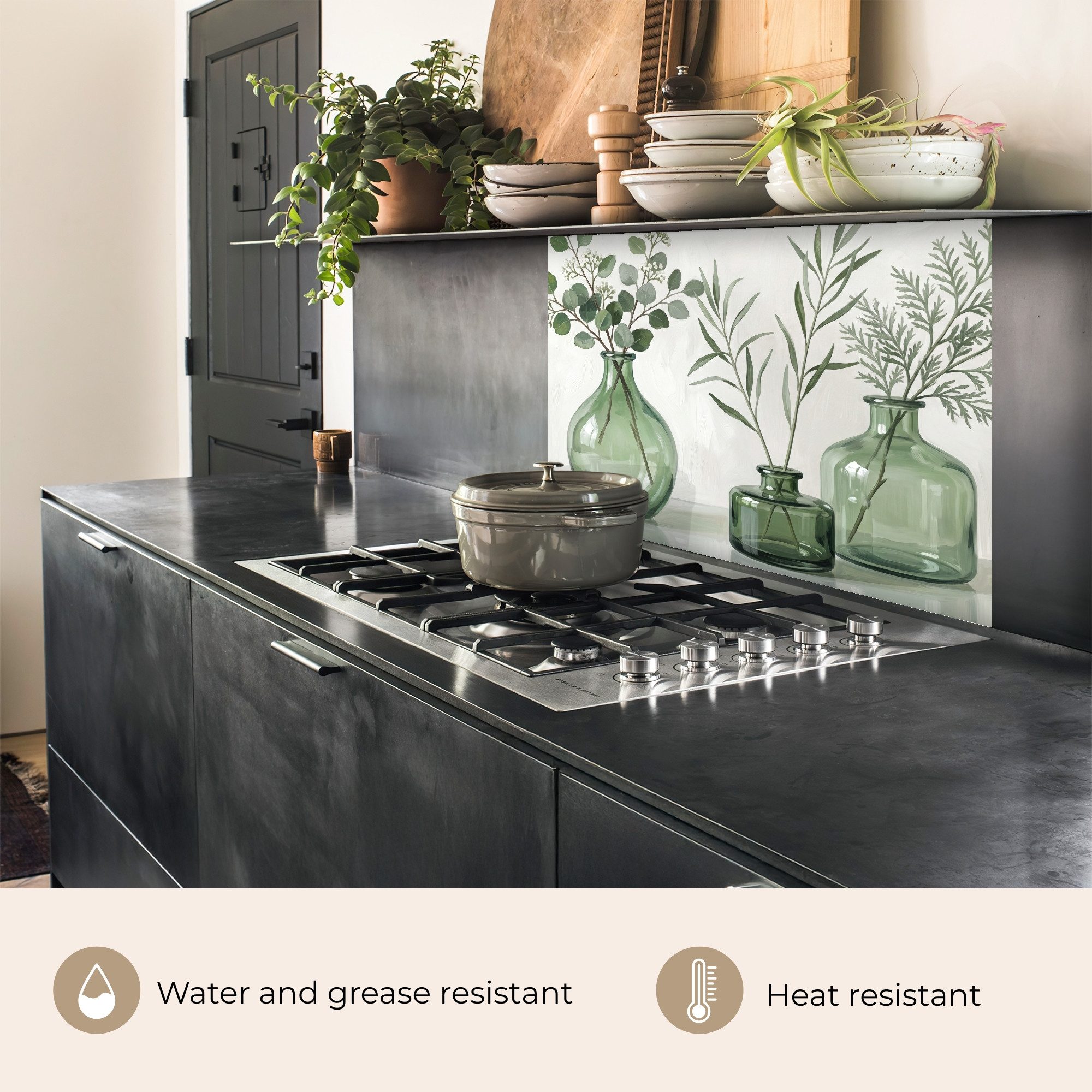 KitchenYeah Küchenrückwand selbstklebend (keine Folie) Vasen - Blätter - Grün, (1-tlg), Spritzschutz, Küche, Rückwand, Küchenwand, Küchenfront, 80x60 cm