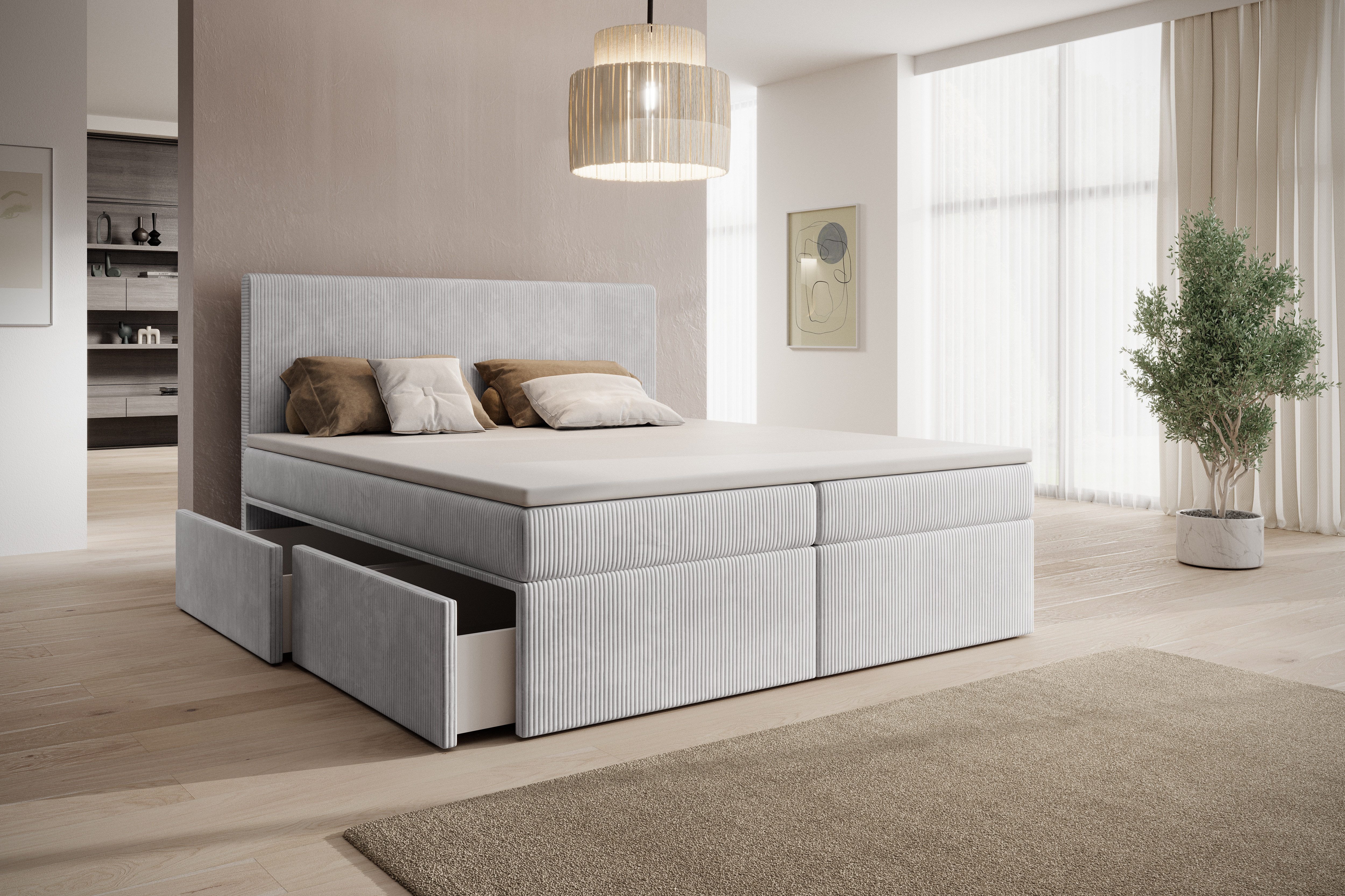 PROMETO Möbel Boxspringbett Doppelbett mit 4 Schubladen, Topper, Kopfteil 180x200cm POSO-Cordstoff, inkl. Taschenfederkern-Matratze (7-Zonen)