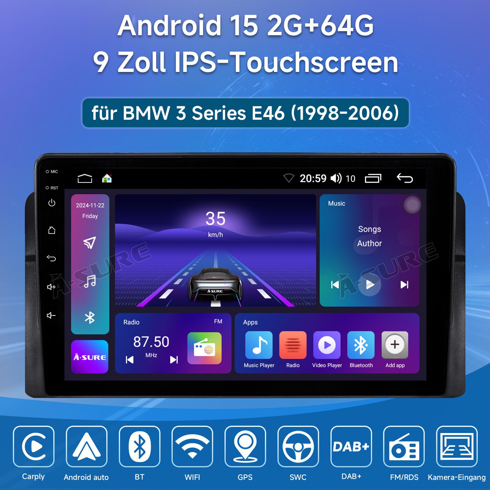 A-Sure 9" Carplay Android 15 GPS Navi Für 3er BMW E46 318 320 325 Autoradio (DSP, RDS, 8Core/ 4 Core, Android Auto, Digitalradio (DAB), FM, Apple Carplay, WIFI)