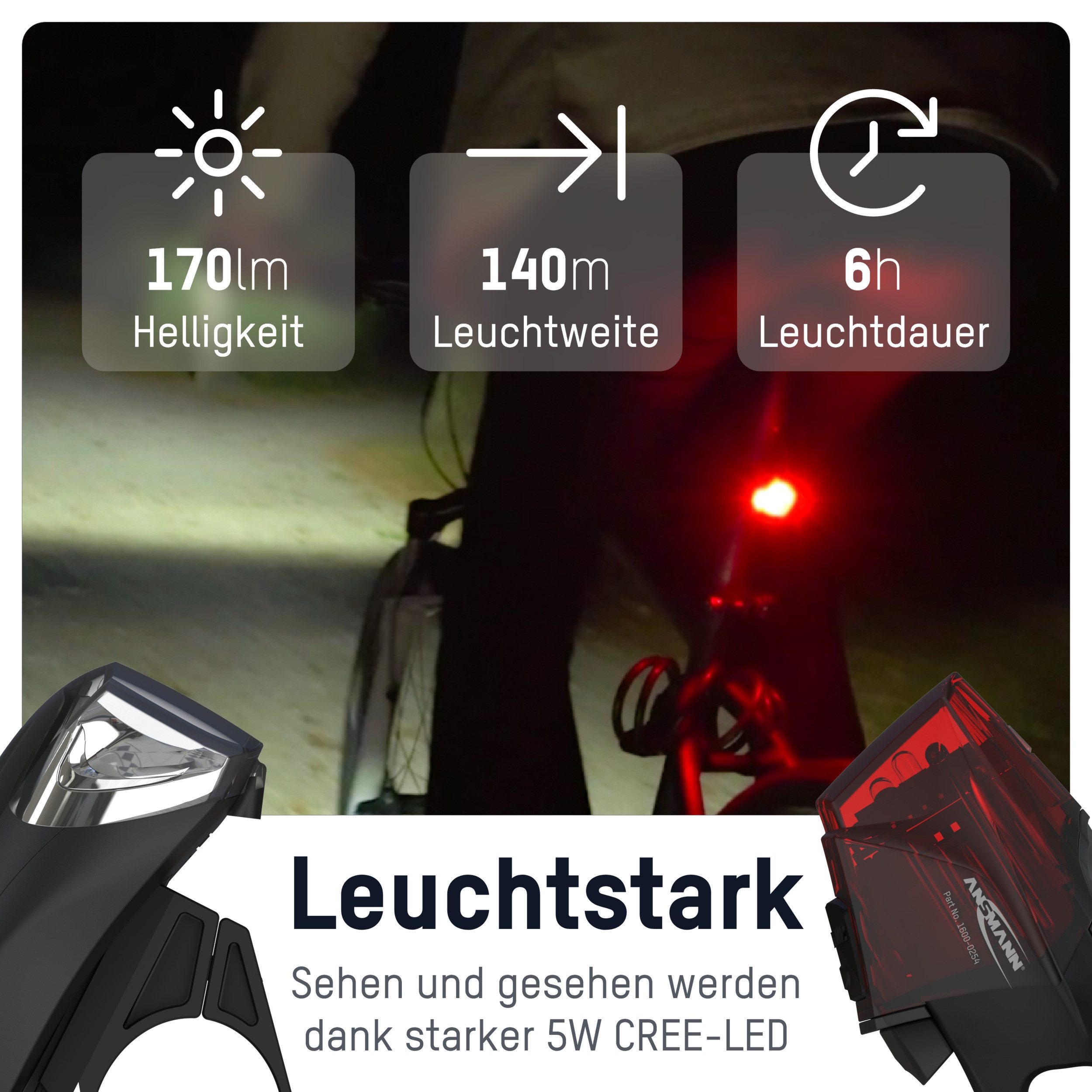 ANSMANN AG Fahrradbeleuchtung Fahrradlicht Set Akku StVZO zugelassen, Front- und Rücklicht