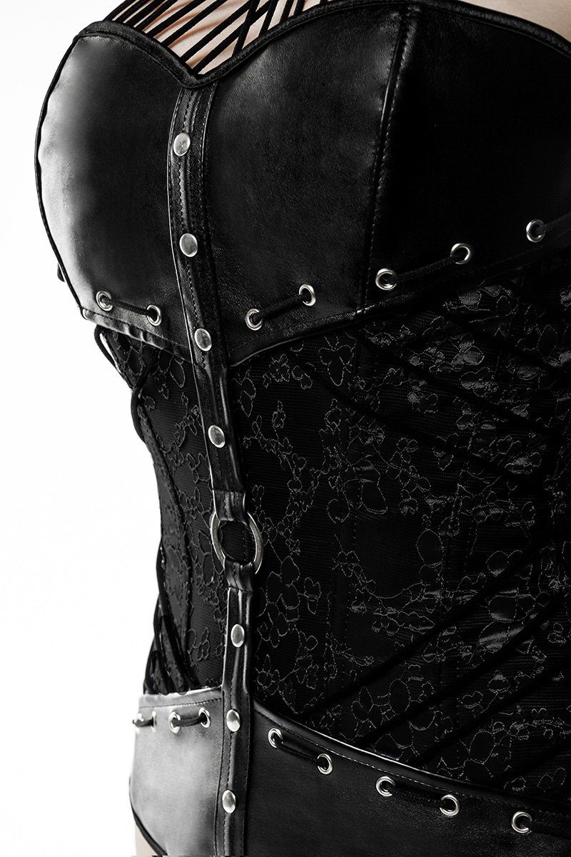 Slip schwarz (Set) Grey Korsett Corsage mit Kunstleder Velvet Nieten inkl. in Corsage