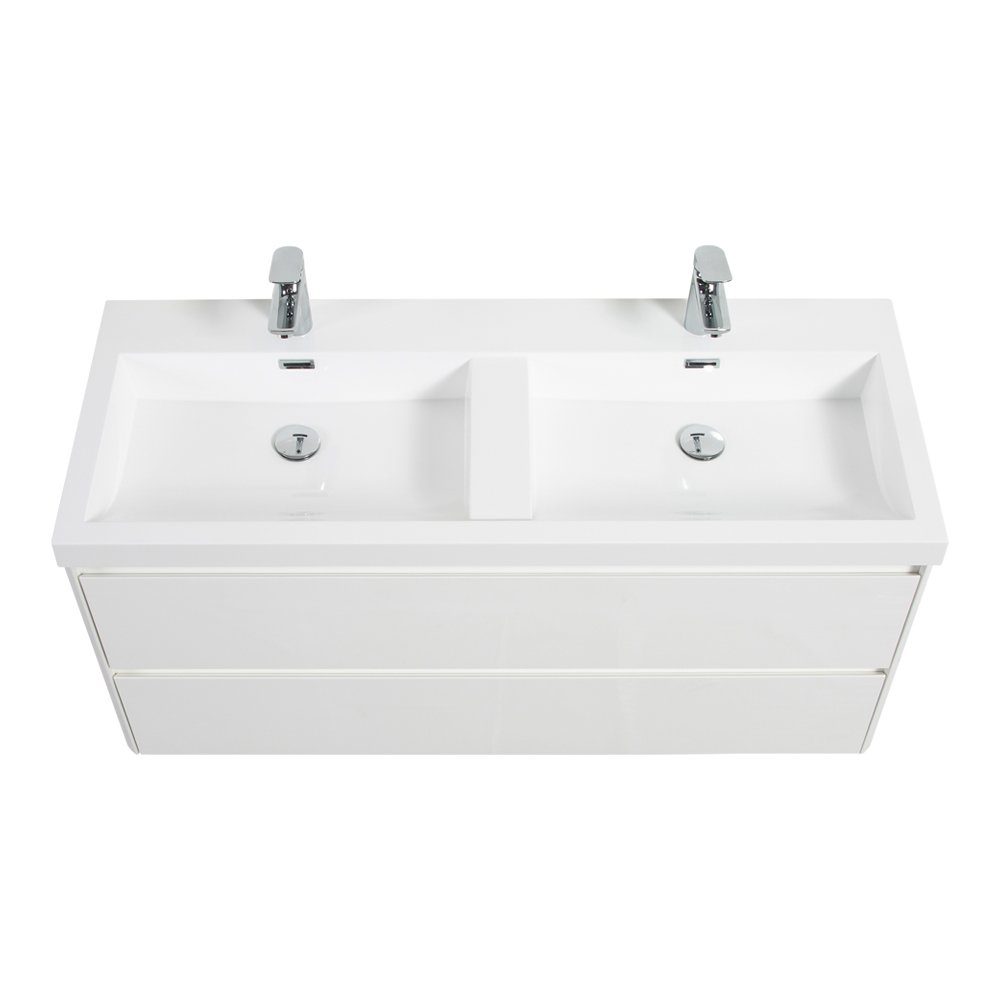 vormontiert Waschbecken, Weiß Badezimmermöbelset Schubladen, Stil mit Waschtisch WISHDOR Badmöbel-Set B120 (mit / 60/120 T48 2 2 Unterschrank, cm Waschtisch H50 / cm) Satinweißes,