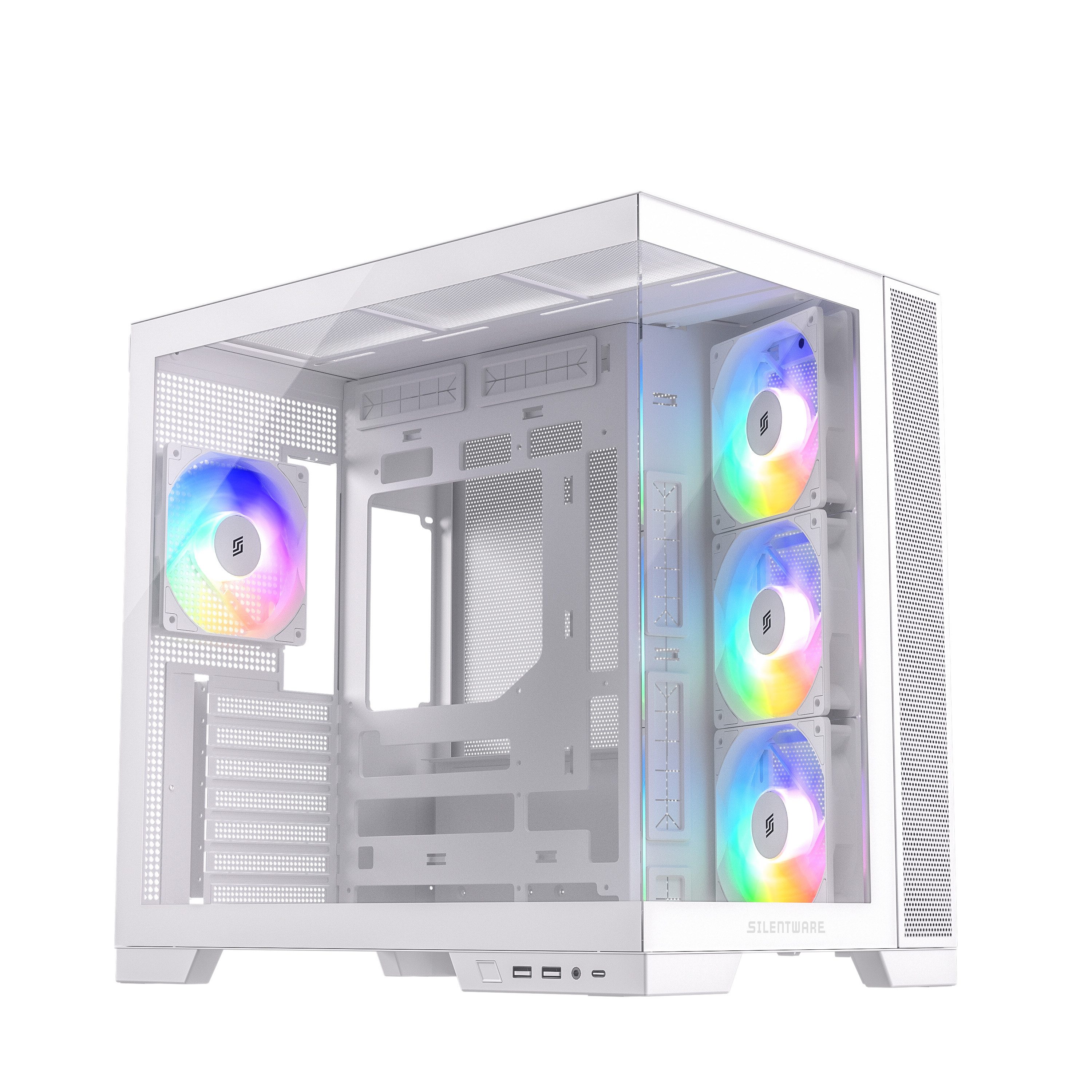 Silentware Корпуса ПК View A-RGB White, gehärtetes Glas, 4X 120mm RGB Lüfter, 4-Pin-PWM, USB-C, ATX/mATX/ITX