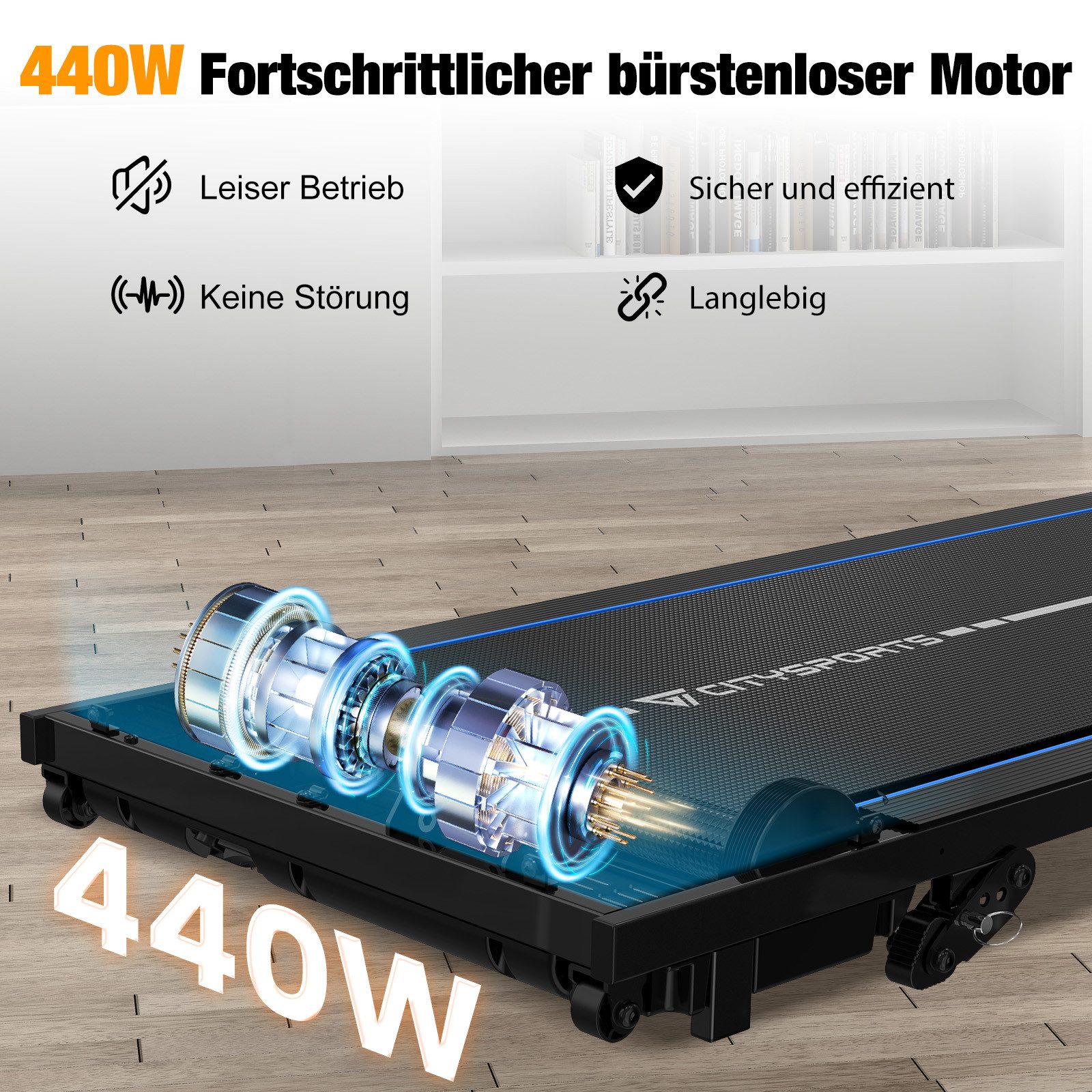 CITYSPORTS Laufband 440W Treadmill für Zuhause und im Büro Mit 3 Steigungsgraden (Mit Toolkit,Schmiermittel), 1-6km/h Walking/jogging Pad mit LED-Anzeige und Fernbedienung