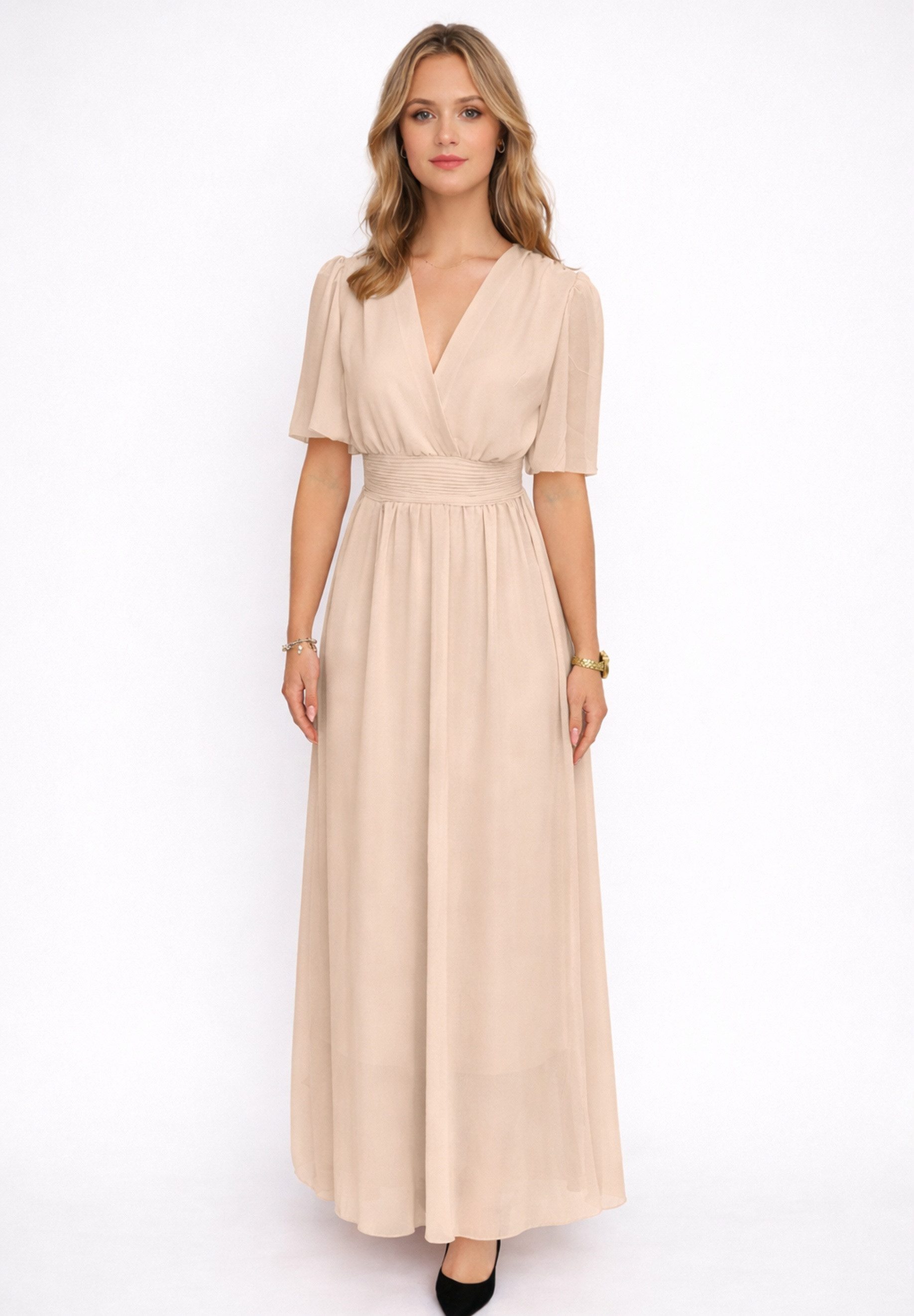 Elara Maxikleid Damen Maxikleid mit V-Ausschnitt, Flügelärmeln und gesmokter Taille (1-tlg)