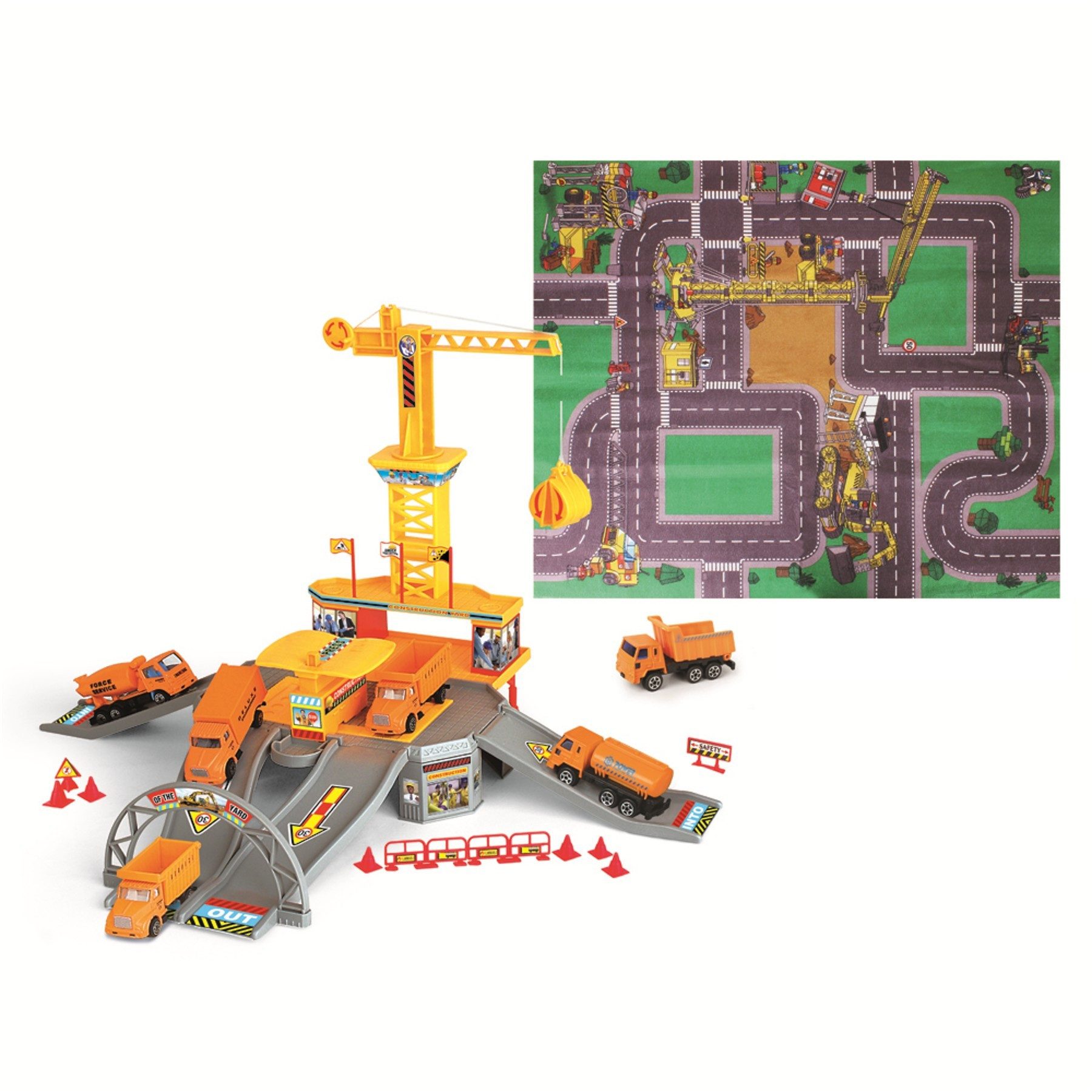 TikTakToo Spiel-Gebäude Baustellen Set mit 2 Autos inkl. Spielteppich
