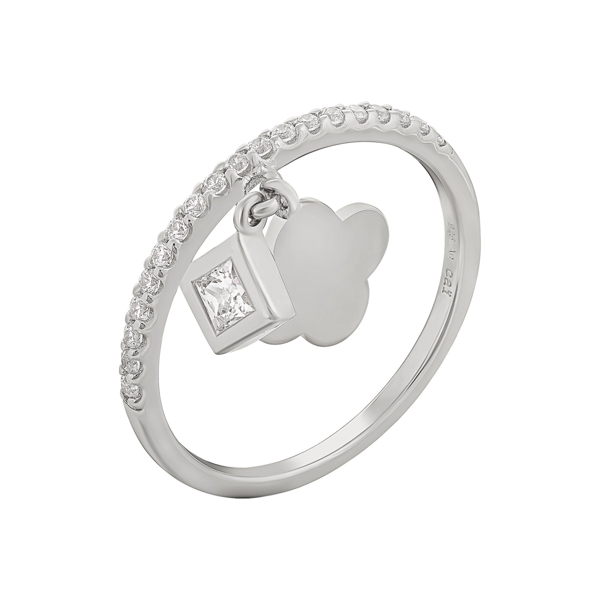 CAÏ Fingerring 925 Sterling Silber rhodiniert mit Anhängern Kleeblatt  Zirkonia