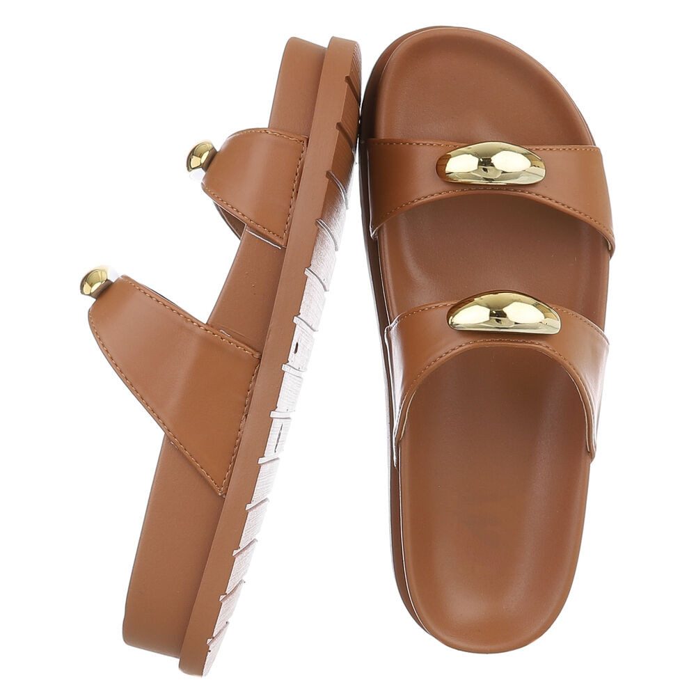 Ital-Design Bequeme Damen-Sandalen mit goldenen Details – Beige Pantolette günstig online kaufen