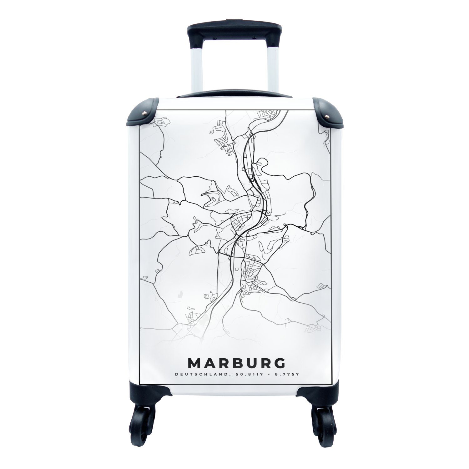 MuchoWow Handgepäckkoffer Marburg - Karte - Stadtplan, 4 Rollen, Reisetasche mit rollen, Handgepäck für Ferien, Trolley, Reisekoffer