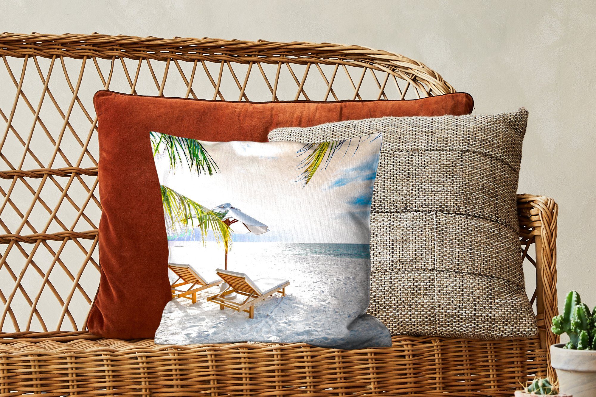 MuchoWow Dekokissen Strandkorb - für Zierkissen Füllung Sonnenschirm Sofakissen Schlafzimmer, - mit Wohzimmer, Sonnenuntergang, Deko
