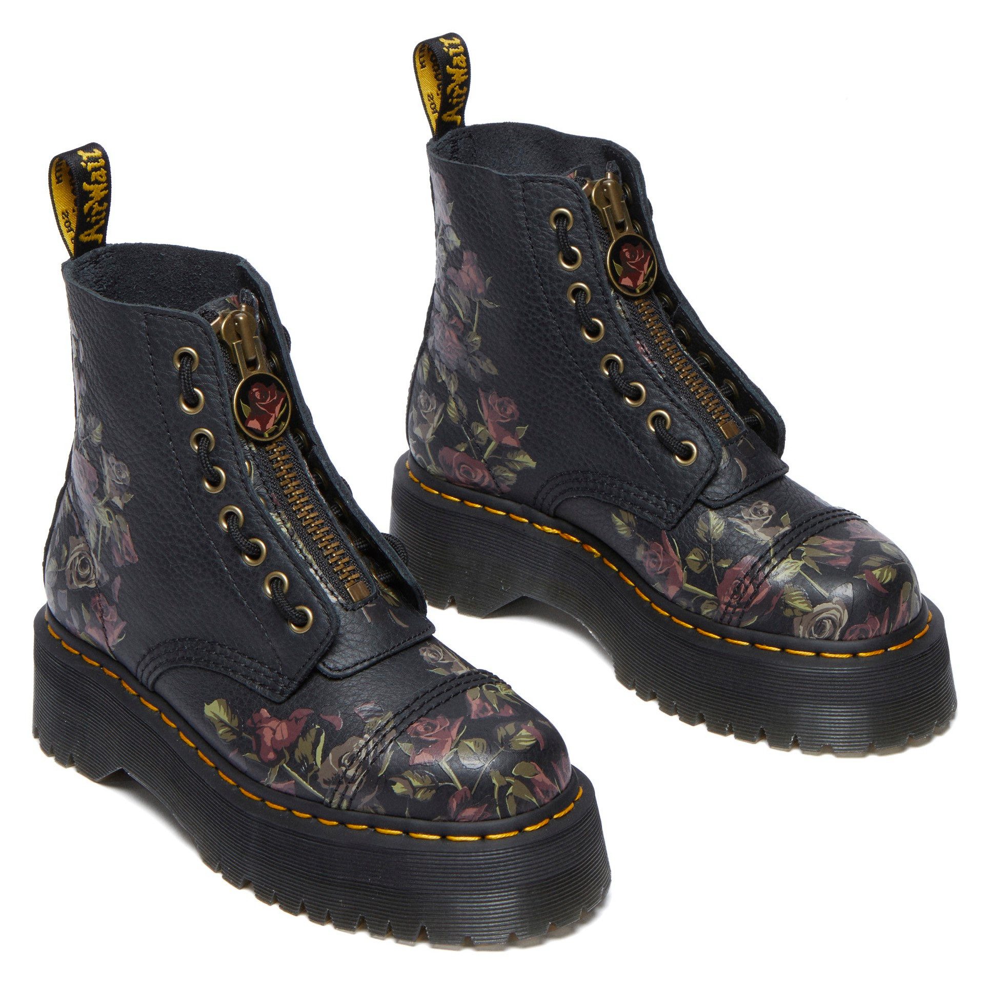 DR. MARTENS Sinclair Decayed Roses Tumbled Nappa Leder Stiefel Schlupfboots Plateauboots, Chunky Boot mit abnehmbarem Reißverschluss