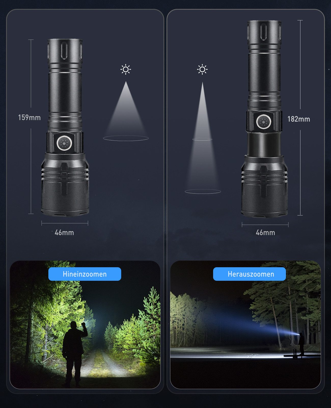 Quntis LED Taschenlampe mit starkem licht, campinglampe, taschenlampe mit akku, Camping Licht (1-St), Zoombare taschenlampe, 5 Lichtmodi für Wandern, Outdoor Campingzubehör