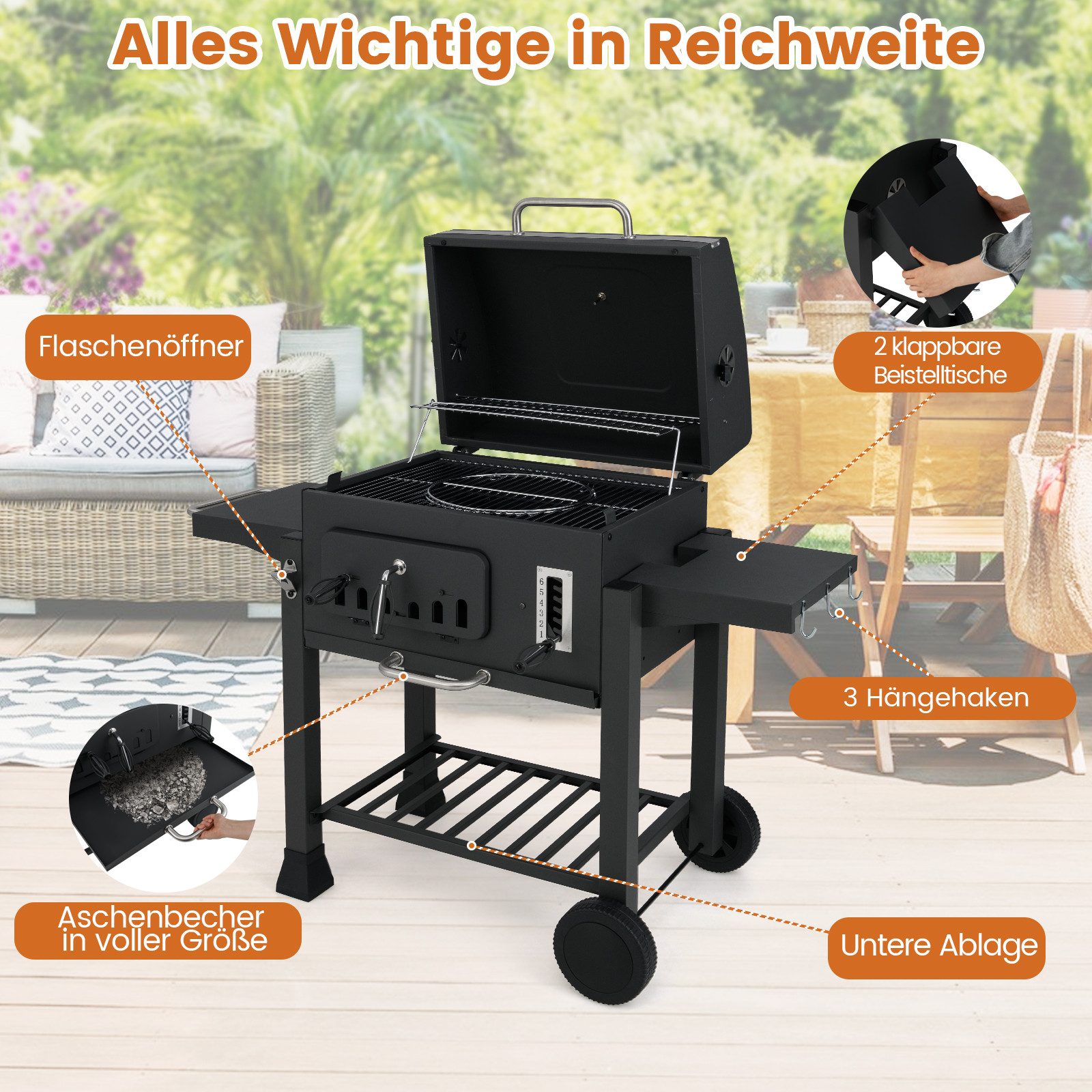 COSTWAY Holzkohlegrill, XXL Grillwagen Edelstahl mit Abdeckungen & Rollen