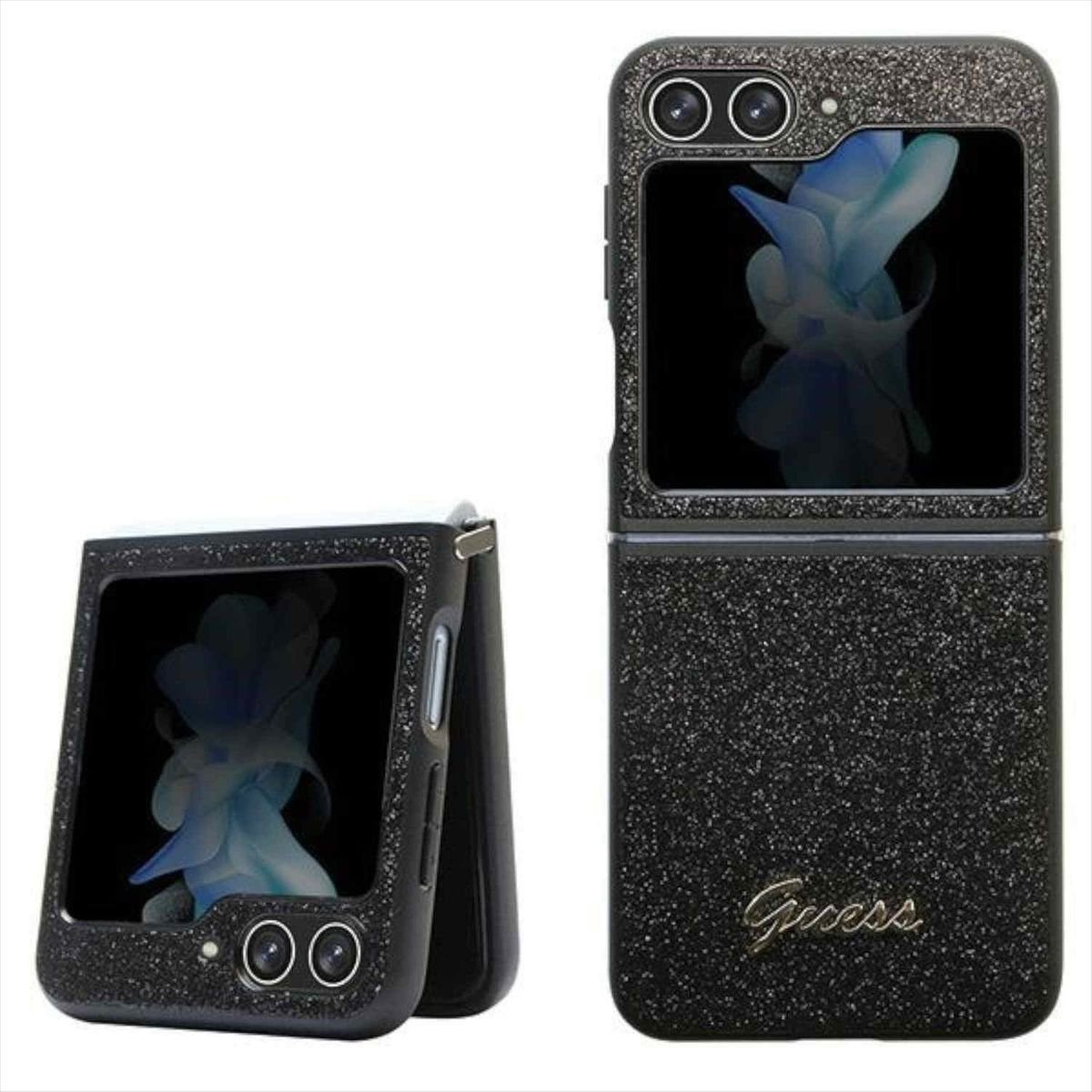 Guess Smartphone-Hülle Guess Samsung Galaxy Z Flip5 Schutzhülle Case Glitter Script Schwarz