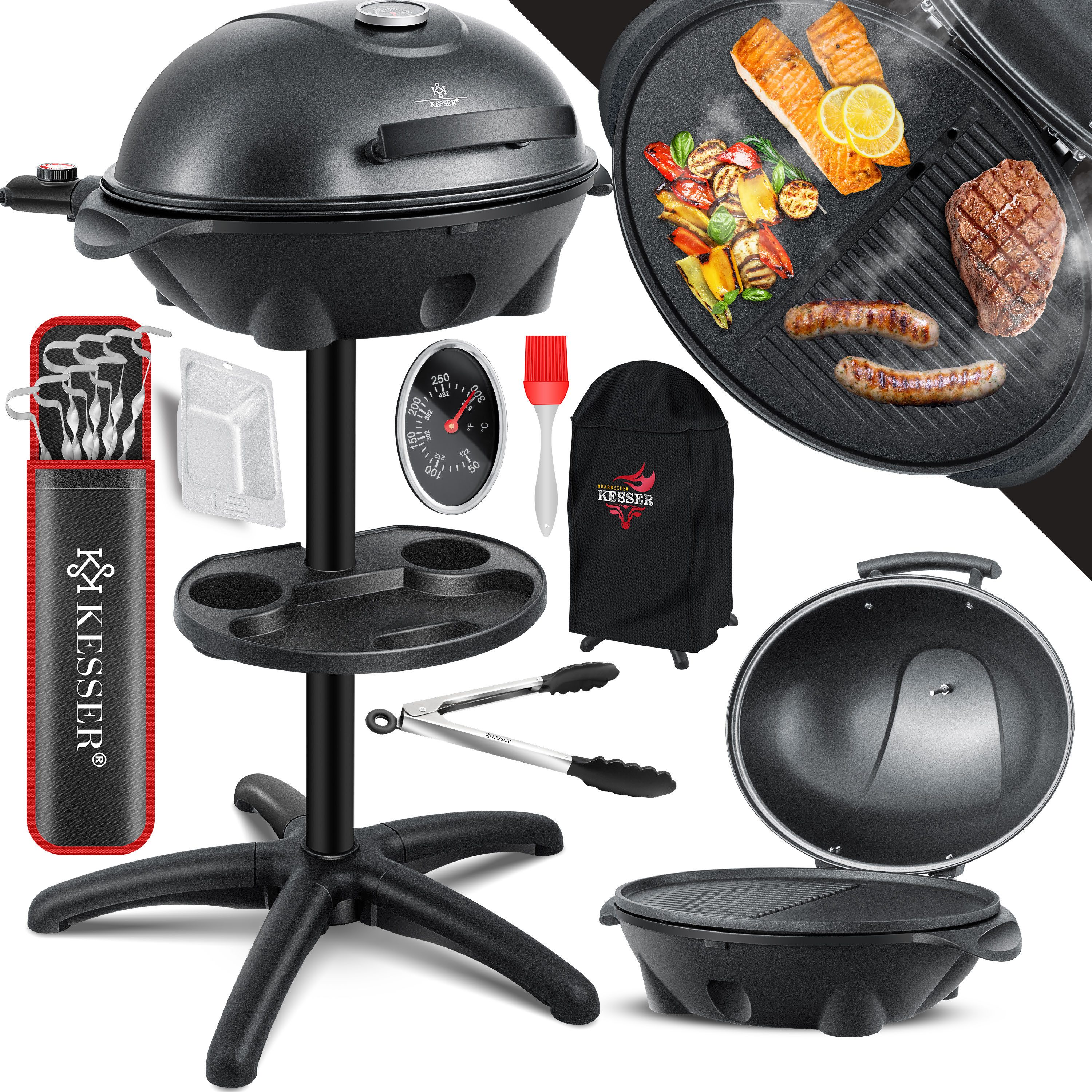 KESSER Elektro-Standgrill, elektrischer Grill Set mit Deckel, Thermometer & Antihaftbeschichtung