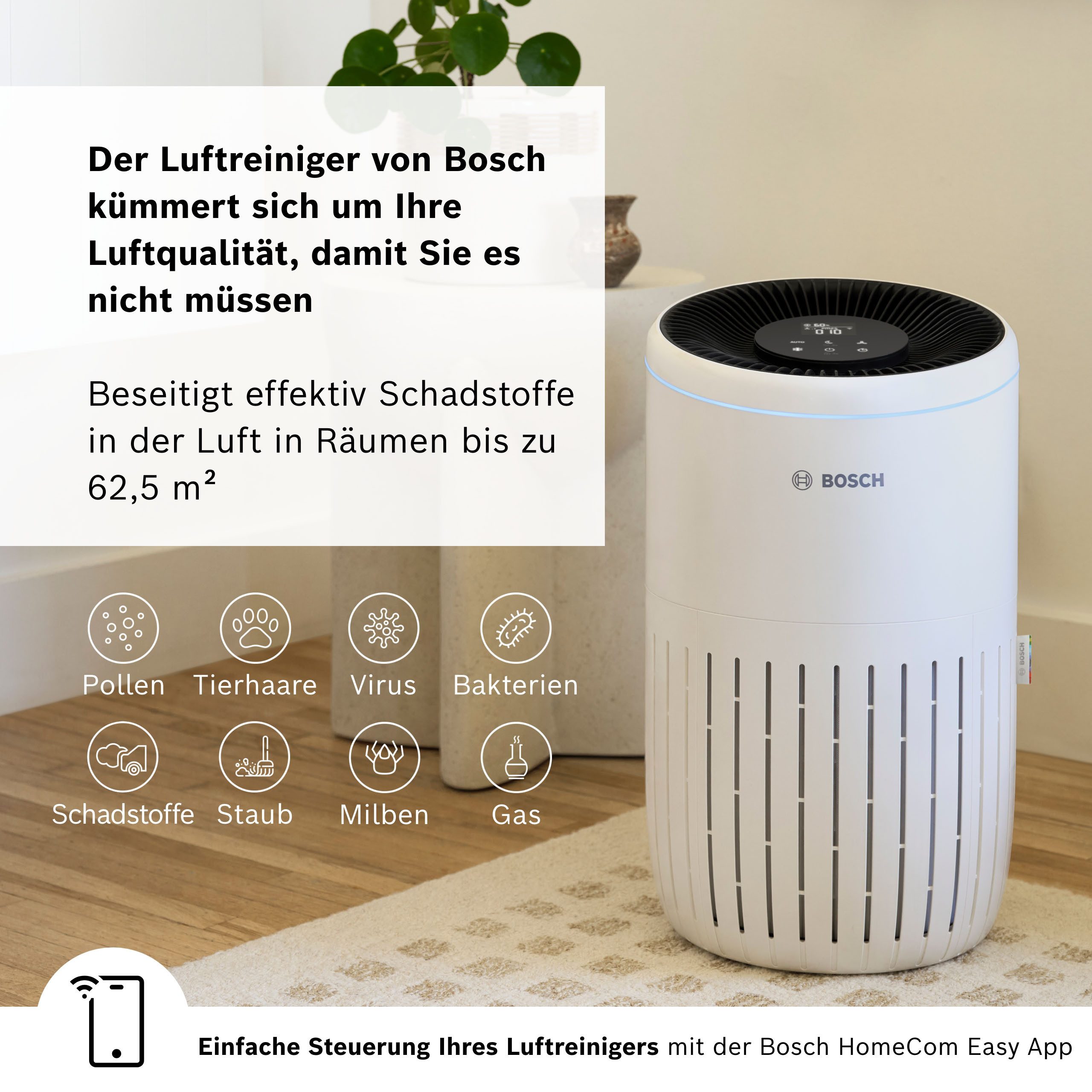 BOSCH Luftreiniger Air 4000i, mit App-Steuerung, für 62 m² Räume, mit 3-in-1 Luftfilter, Smart Sensor, Automatik- und Ruhemodus