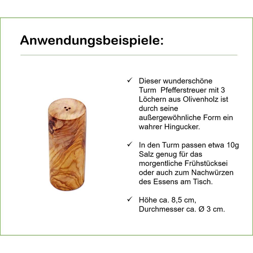 Olivenholz-erleben Salzstreuer TURM aus Olivenholz, einzeln, (1-tlg), antibakterielle Wirkung, nachfüllbar, Lieferung ohne Gewürze