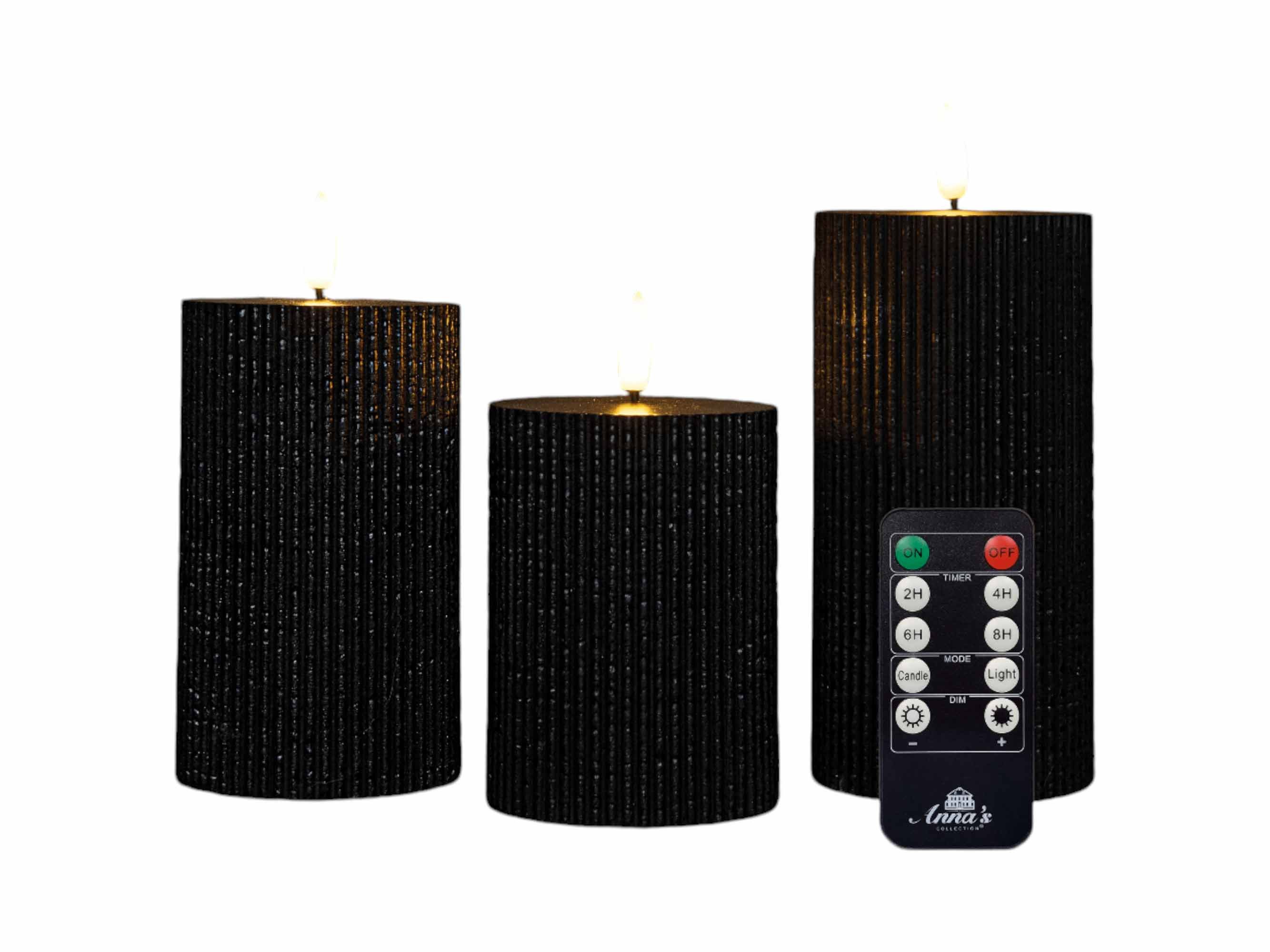 Coen Bakker Deco BV LED-Kerze Wax Candles (Set, 4-tlg., mit Fernbedienung), 3 Stück schwarz Fernbedienung 10, 12.5 und 15cm geriffelt