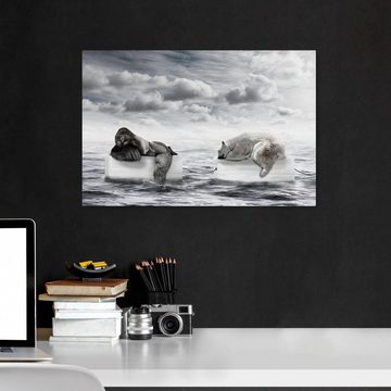 wandmotiv24 Leinwandbild Gorilla & Eisbär auf Eis, Meer, Klima, Tiere (1 St), Wandbild, Wanddeko, Leinwandbilder in versch. Größen