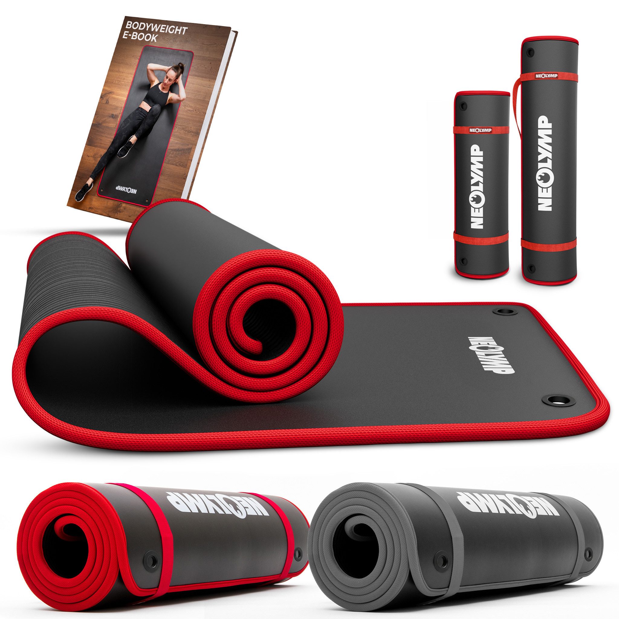 NEOLYMP Fitnessmatte extra dicke Fitnessmatte rutschfest mit Aufhänge-Ösen (Fitnessmatte mit Aufhänge-Ösen inkl. Tragegurt & E-Book), Yogamatte inkl. Tragegurt & E-Book – Gymnastikmatte - Sportmatte