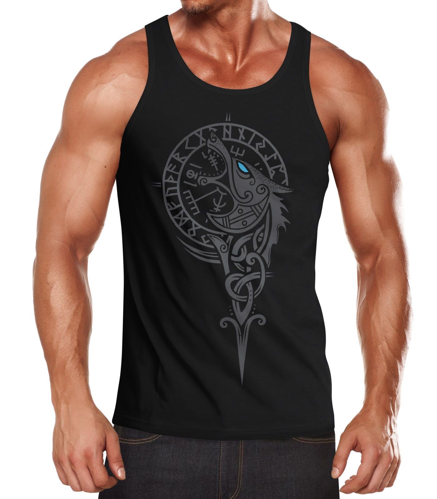 Wikinger Fenriswolf Muskelshirt Wolf Muscle Print Asgard Neverless® Fenrir Neverless Valhalla Herren Vegvisir mit Tank-Top Tanktop Shirt Kompass