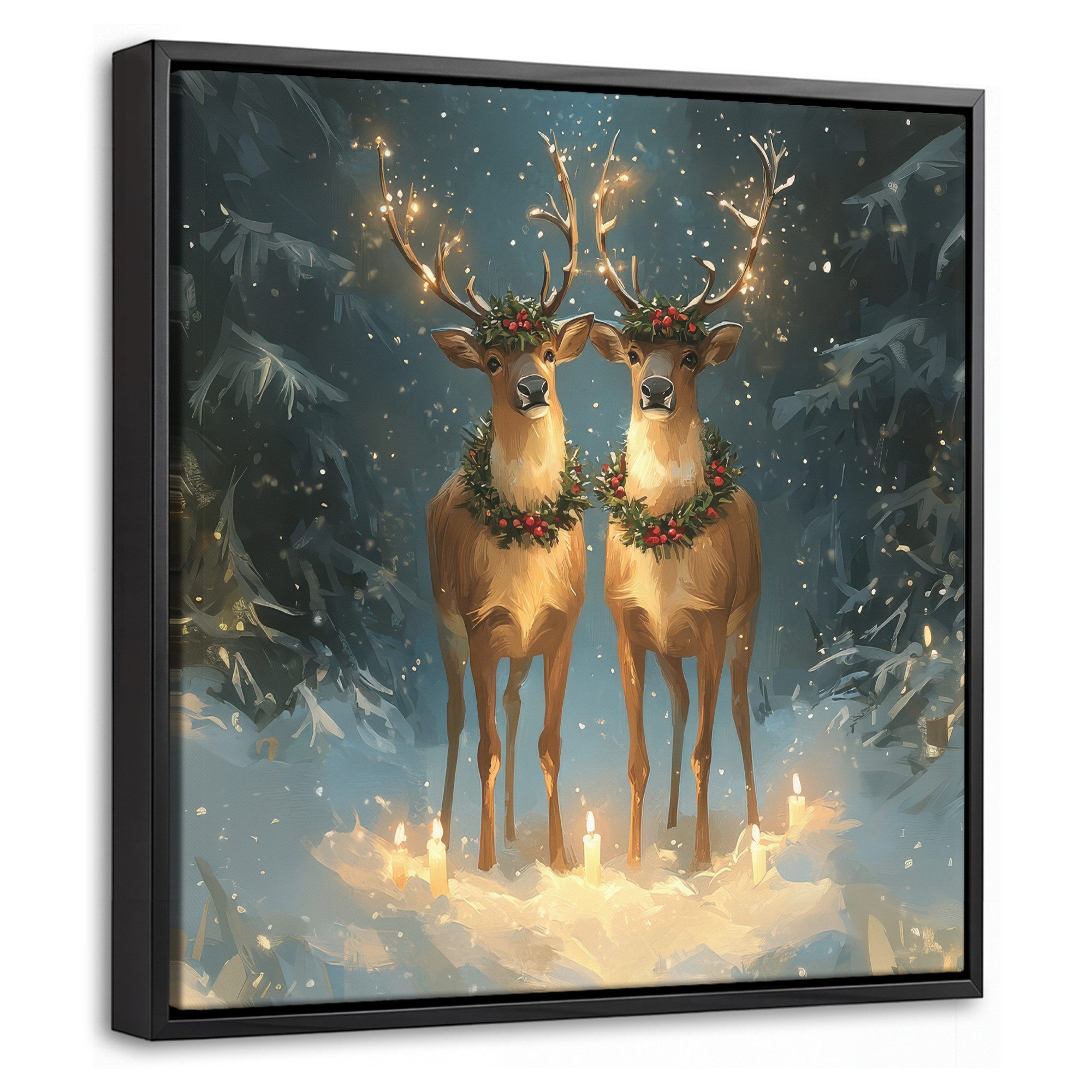 OneMillionCanvasses® Leinwandbild mit Rahmen - Kiefer-Märchen - Rentier - Nacht, Fotodruck (1 St), Leinwand Bilder Klein, Wand Dekoration Aesthetic 20x20cm